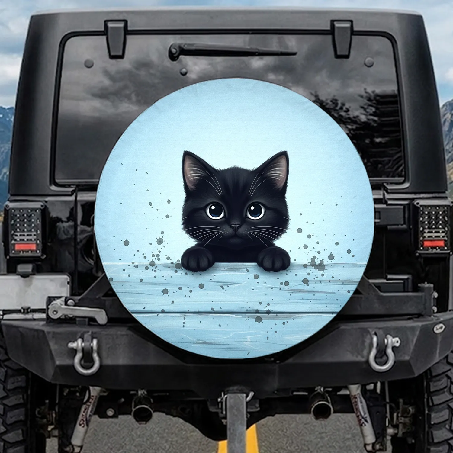Black Cat Peeking Wooden Fence - Cat Lover Everyday Decor Gift Spare Tire Cover - 1