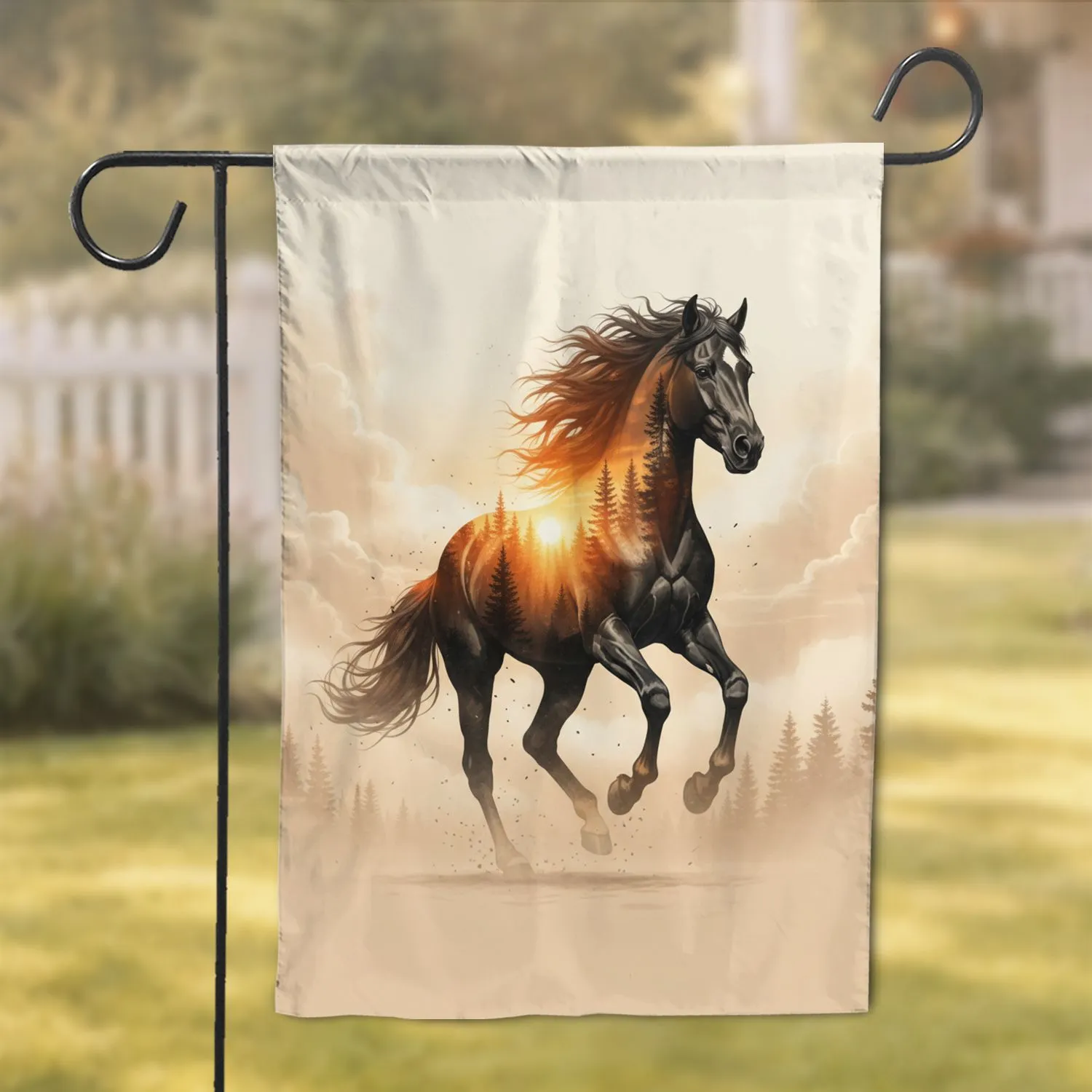 Double Exposure Galloping Horse Pine Forest Sunset - Home Decor Gift for Wildlife Lovers Garden Flag - 1
