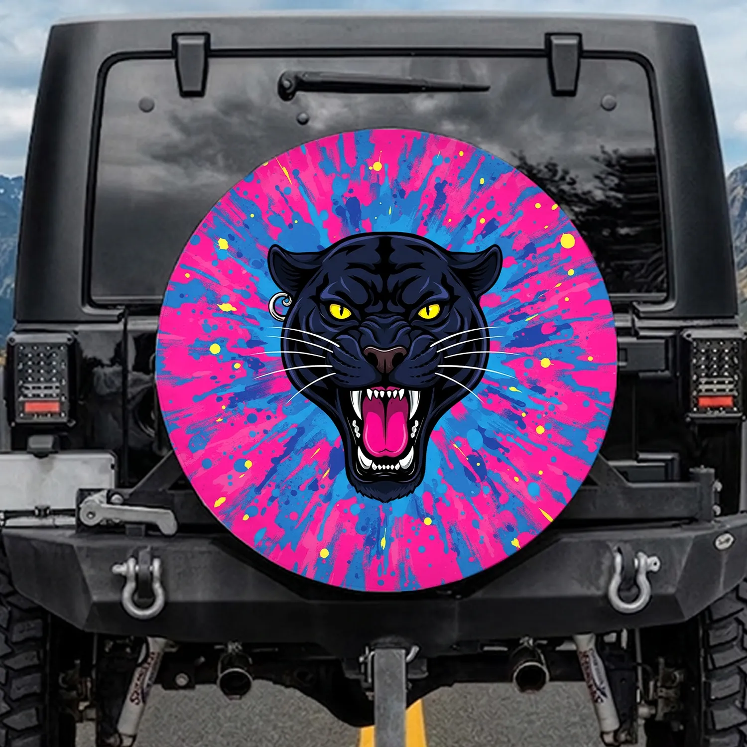 Black Panther Roaring Head Fangs Silver Earring - Jungle Wildlife Lover Gift Spare Tire Cover - 1