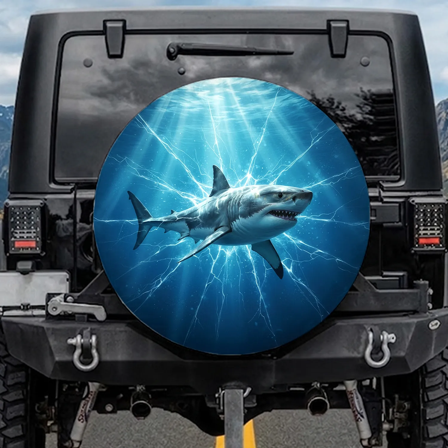 Realistic Great White Shark Shattering Light Underwater Ocean - Marine Life Enthusiast Gift Spare Tire Cover - 1