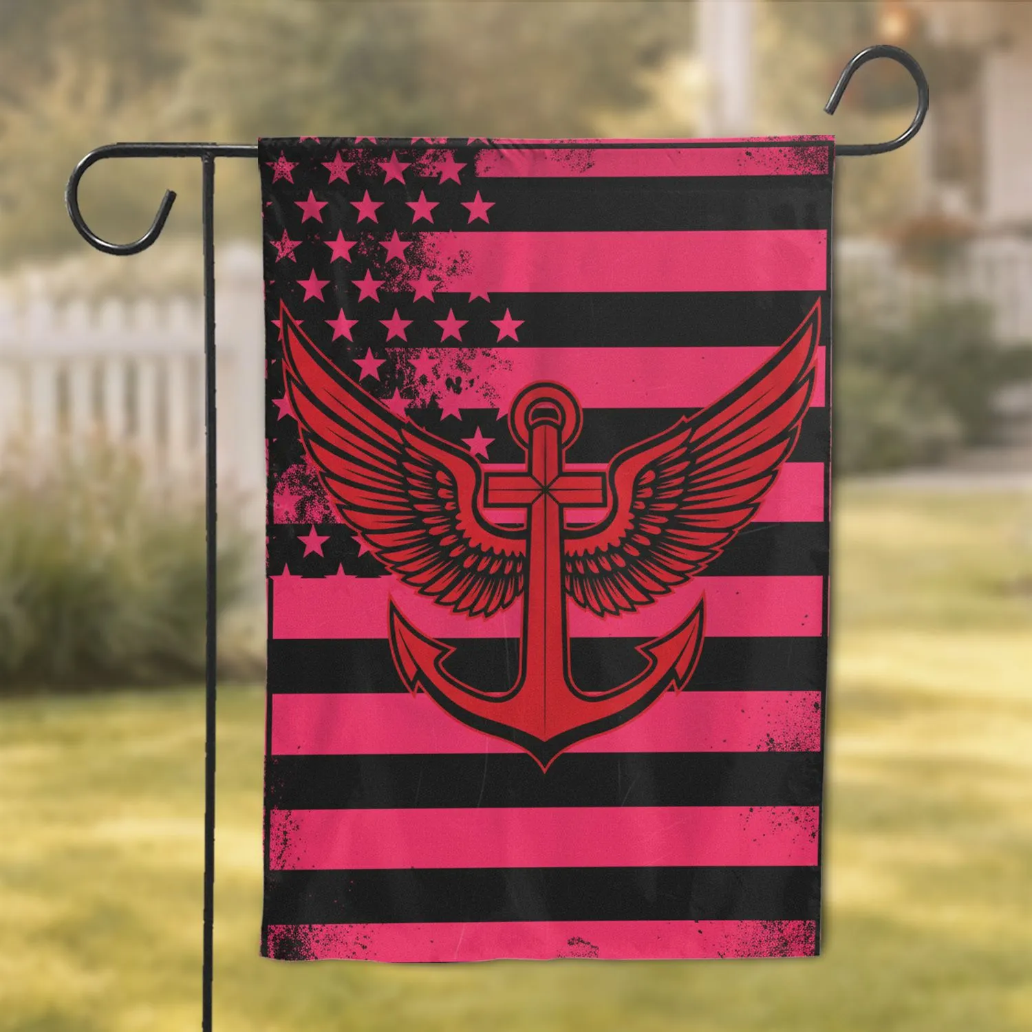 Bold Grunge Crimson Anchor Cross Wings Hot Pink Stars Stripes Rocker Home Decor Gift Garden Flag - 1