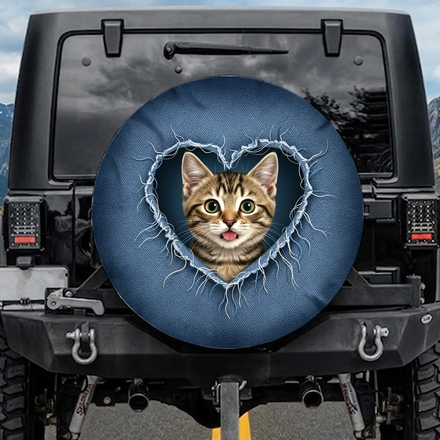 Surprised Tabby Kitten Pink Tongue Heart Tear Indigo Blue Denim - Cat Lover Decor Gift Spare Tire Cover - 1