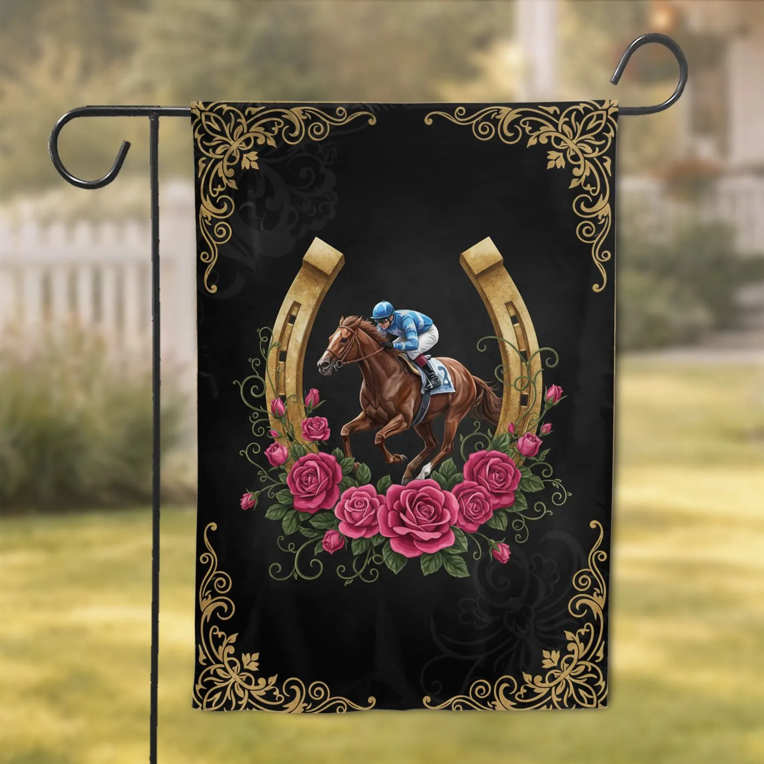 Golden Horseshoe Racehorse Pink Rose Equestrian Lover Home Decor Gift Garden Flag - 1