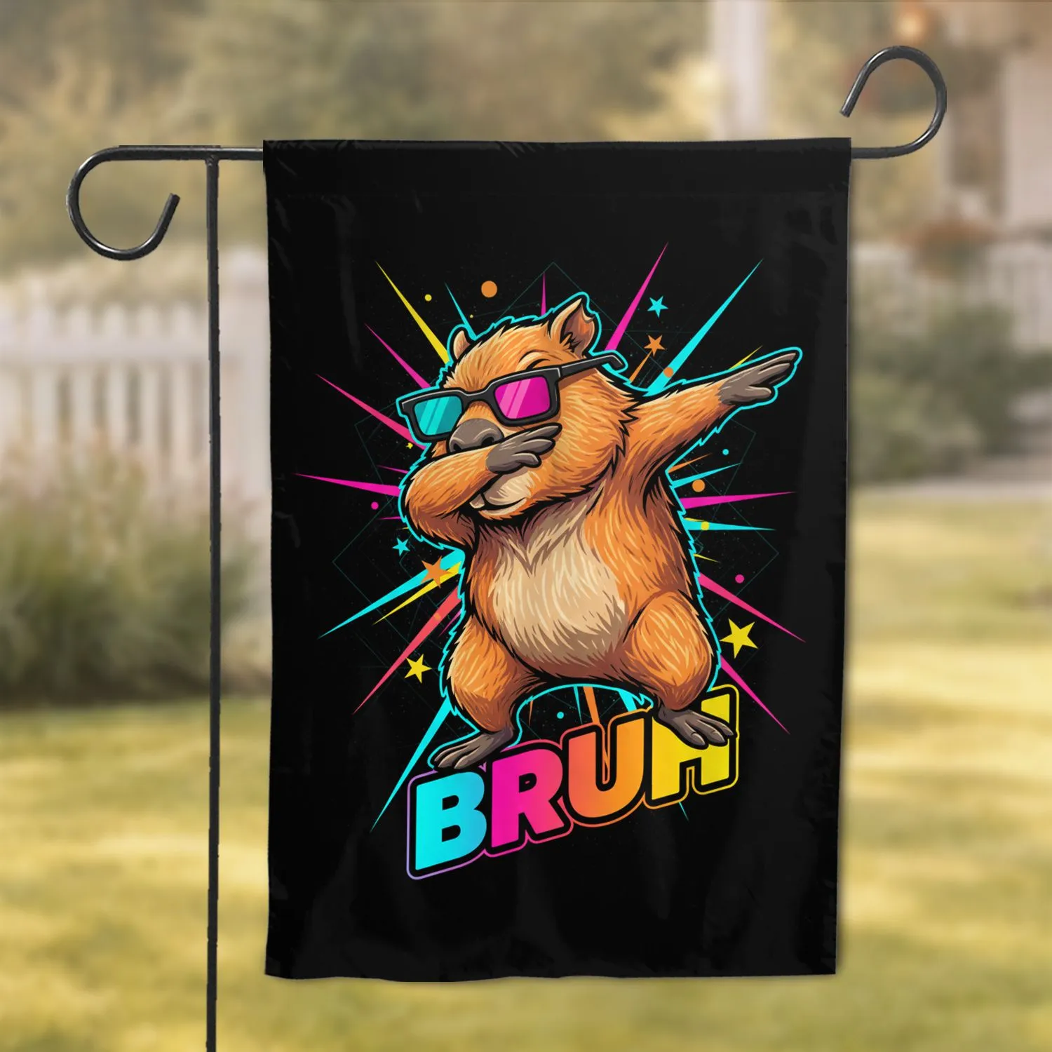 Capybara Dab Pose Retro 3D Glasses BRUH Text - Pop Art Lover Home Decor Gift Garden Flag - 1