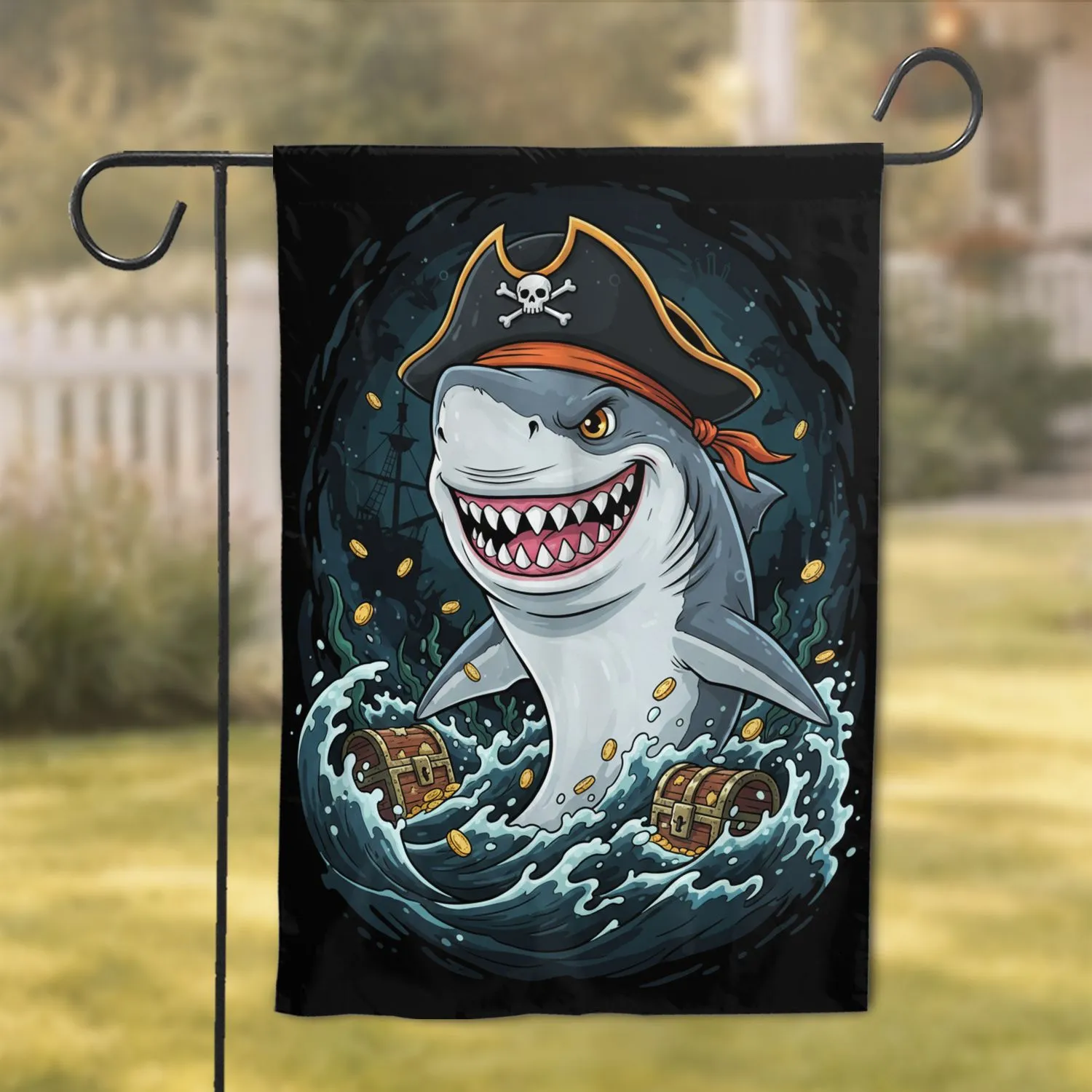 Great White Shark Pirate Treasure Chest Ocean - Adventure Lover Home Decor Gift Garden Flag - 1