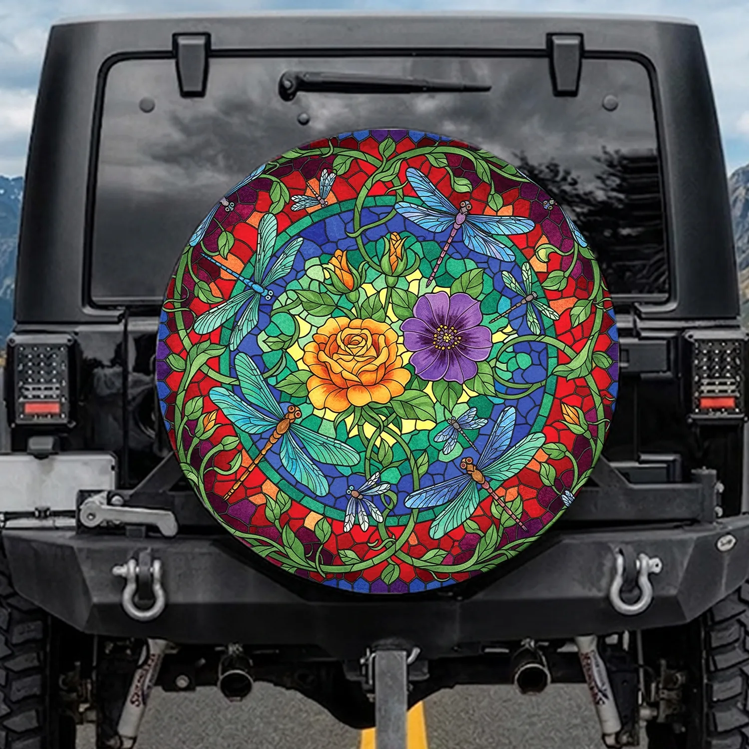 Dragonflies Rose Violet Bloom Stained Glass Mosaic - Car Decor Nature Lover Gift Spare Tire Cover - 1