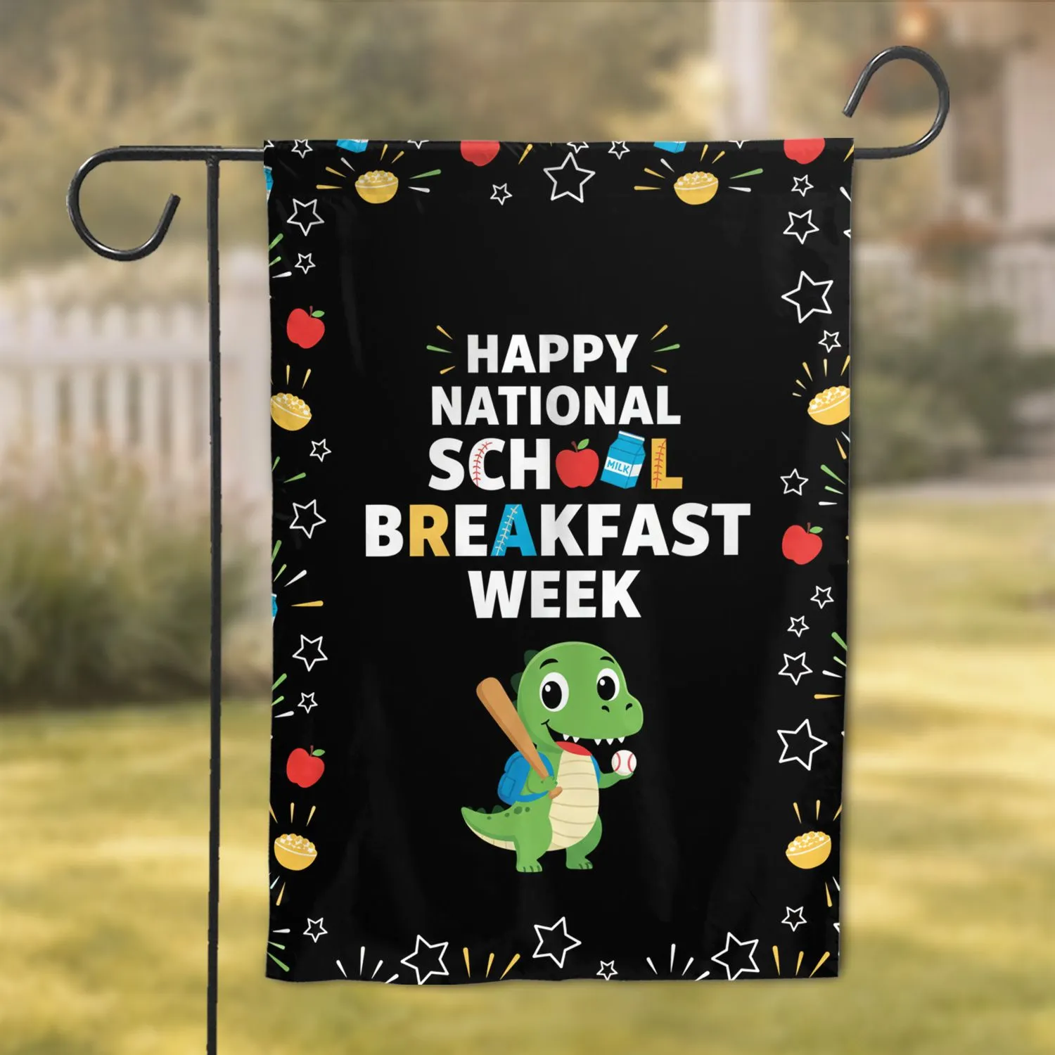 National School Breakfast Week Dinosaur - School Celebration Decor Garden Flag - 1