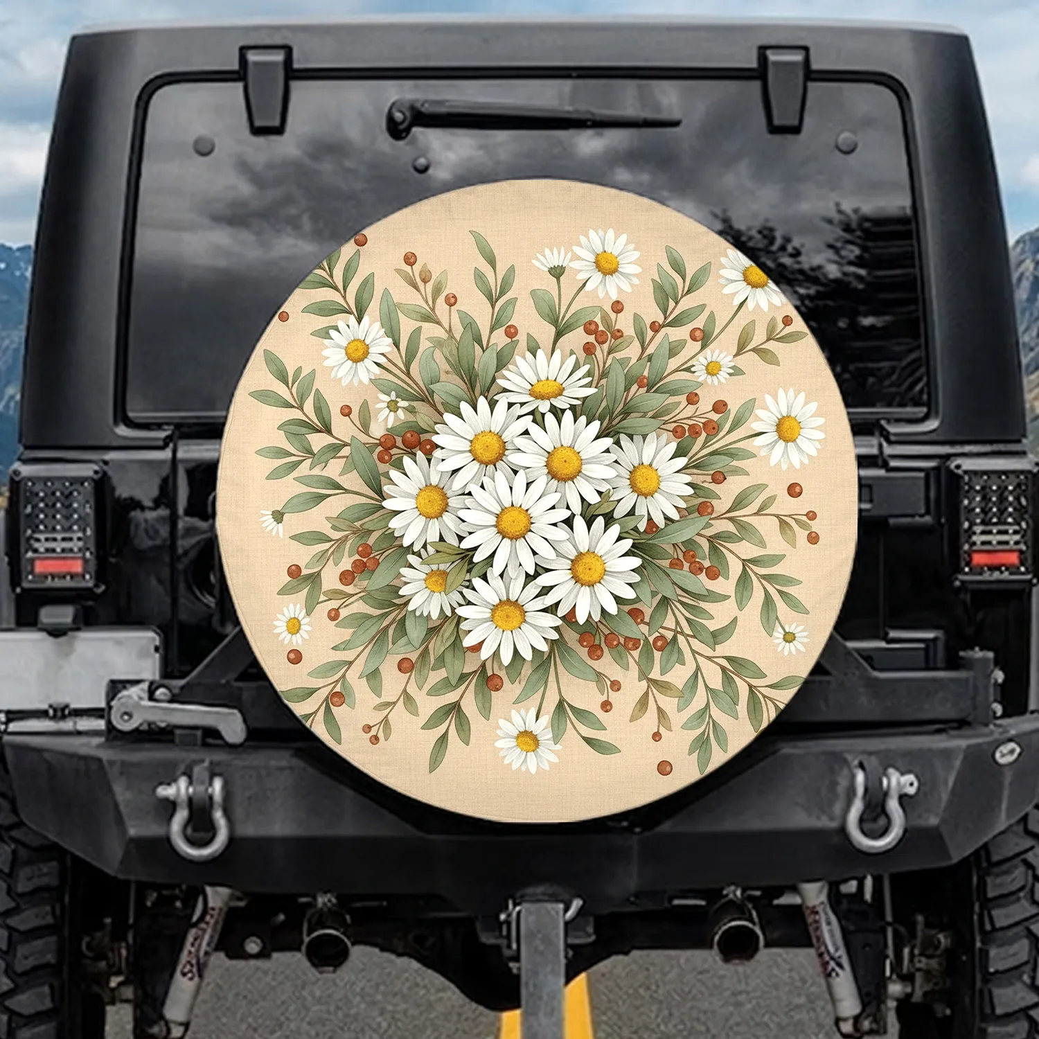 White Daisy Flowers Berries Floral - Home Decor Gift for Flower Lover Spare Tire Cover - 1