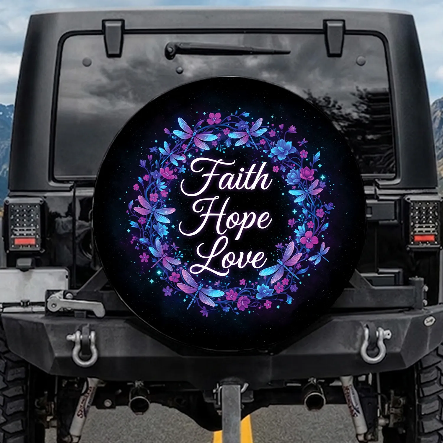 Faith Hope Love Dragonflies Flowering Vines - Spiritual Life Gift Spare Tire Cover - 1