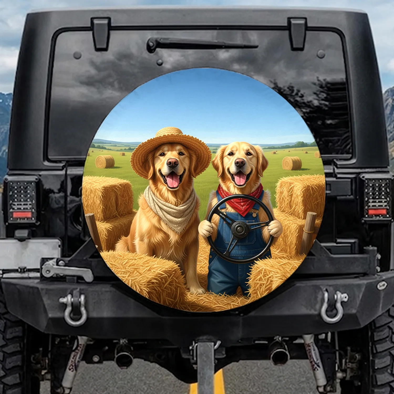 Golden Retrievers Driving Hay Bales Straw Hat Overalls - Country Pet Lover Gift Spare Tire Cover - 1