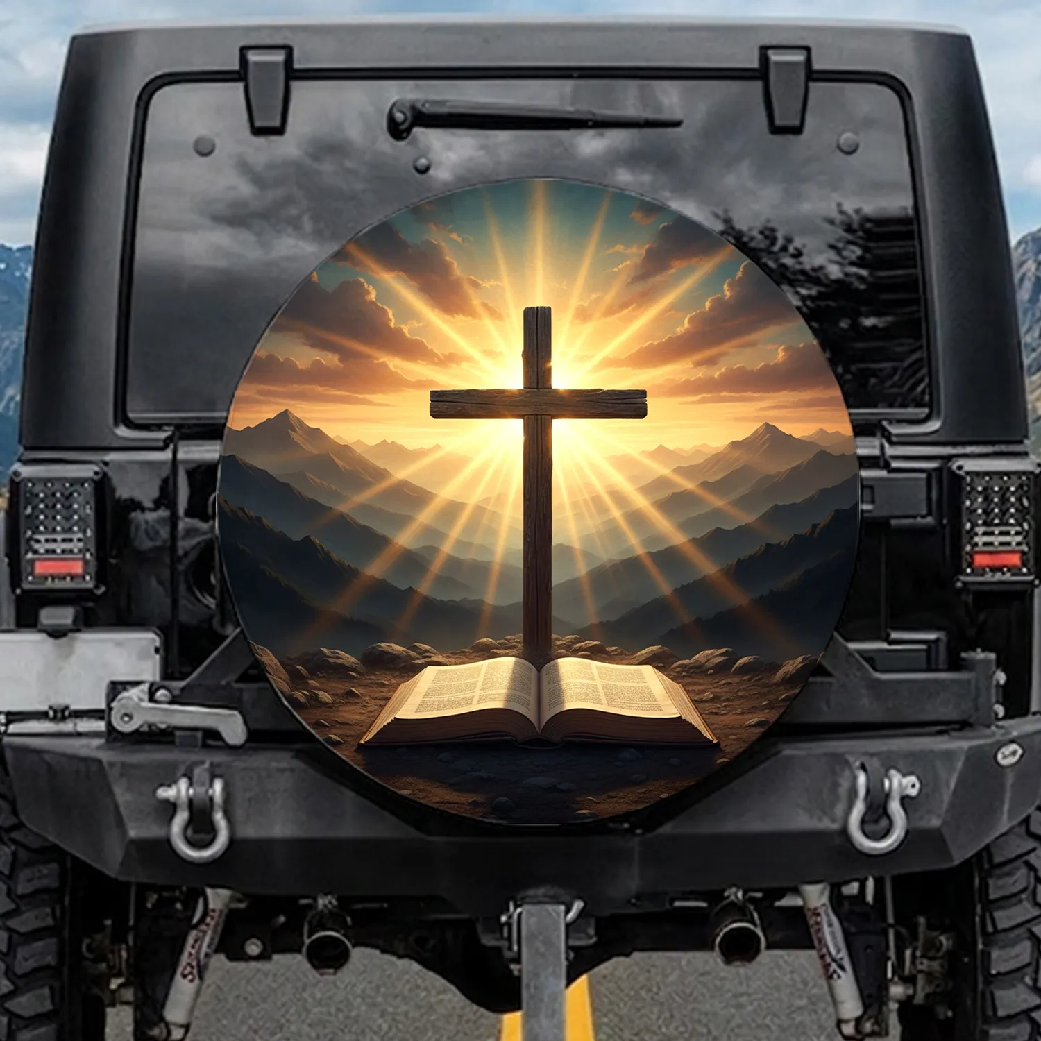 Rugged Wooden Cross Ancient Book Sunset Mountains - Faith Lifestyle Gift Spare Tire Cover - 1