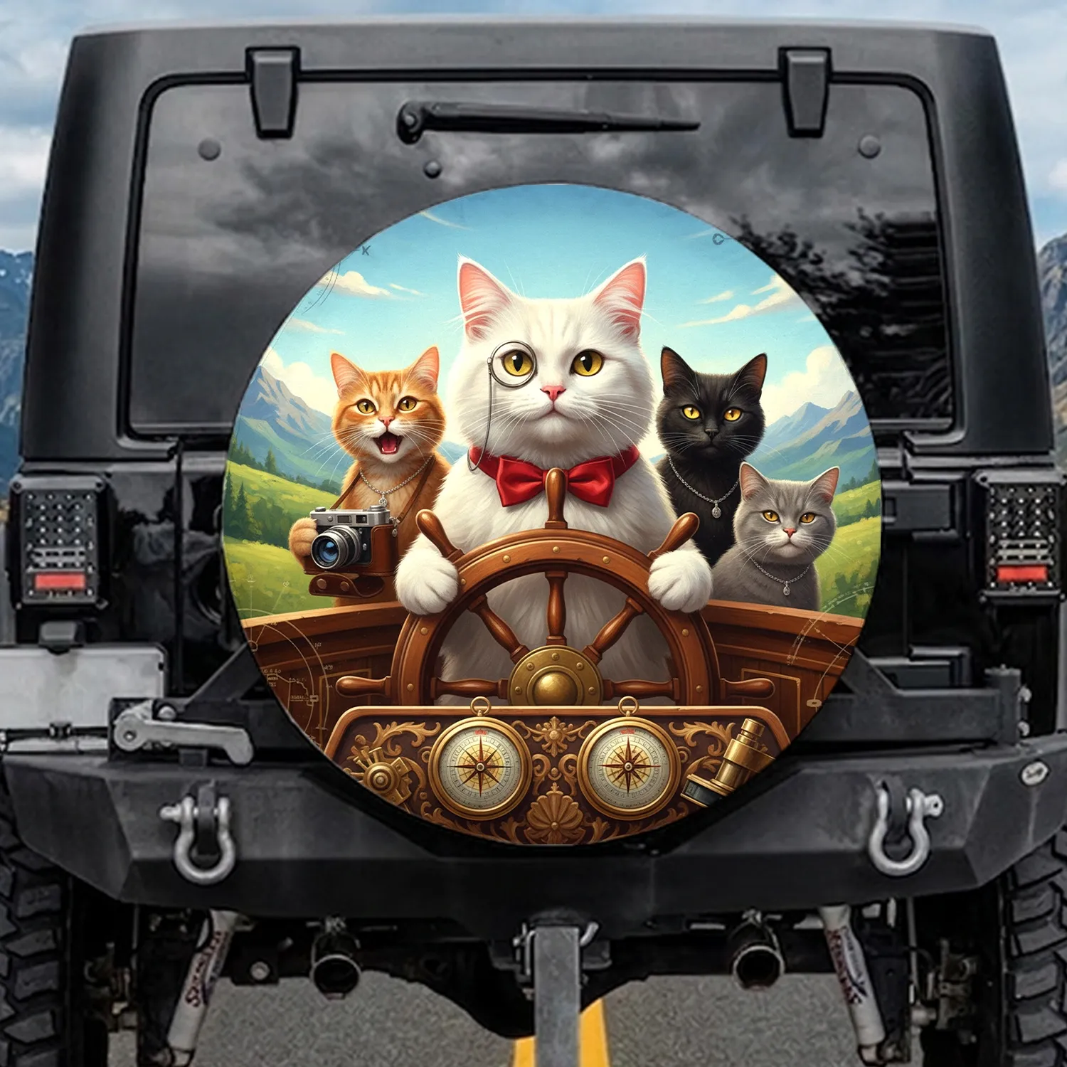 Monocle Cat Steering Wheel Feline Crew Compasses - Adventure Lover Travel Essentials Spare Tire Cover - 1
