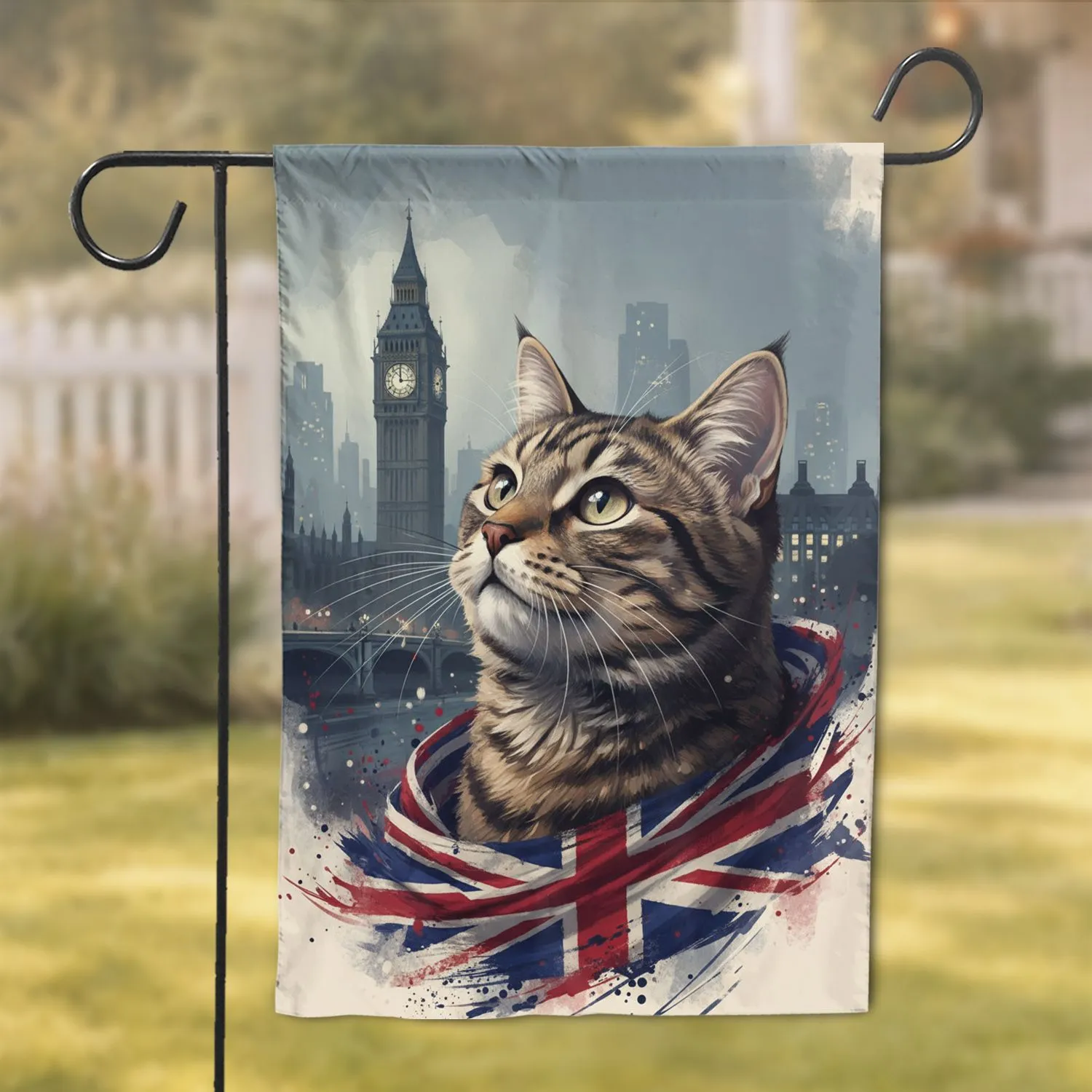 Tabby Cat Big Ben London Union Jack - Home Decor Gift for Cat Lovers Garden Flag - 1