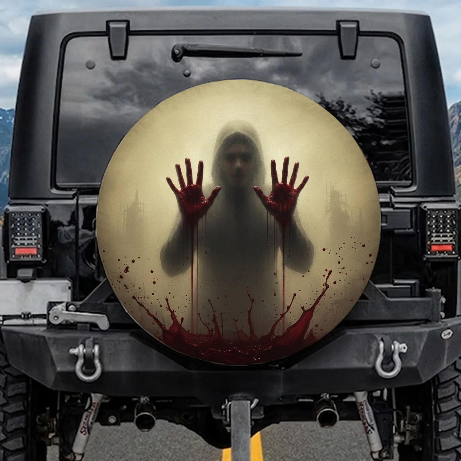 Terrifying Shadowy Humanoid Bloody Hands Ominous Fog - Horror Lover Gift Spare Tire Cover - 1
