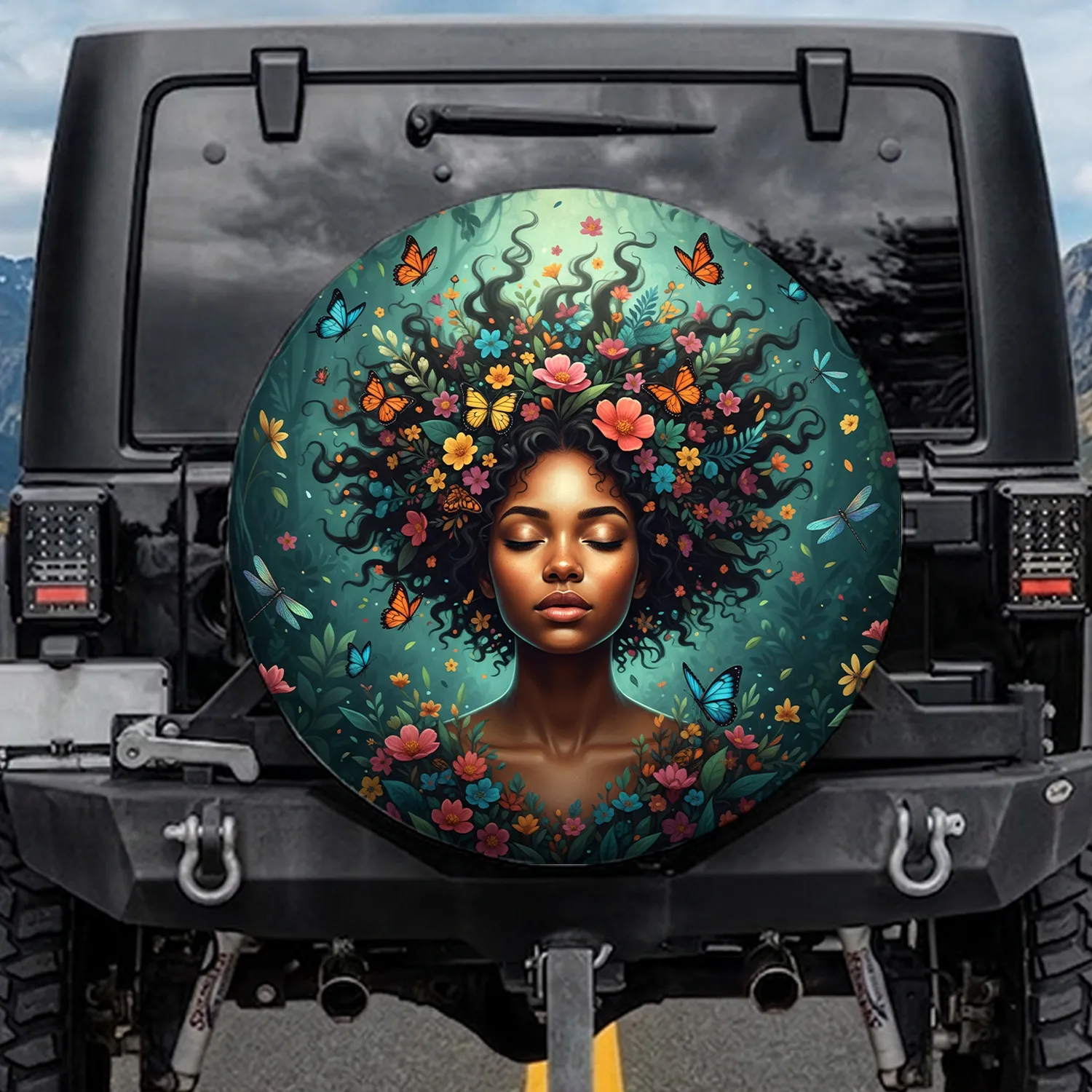 Woman Floral Crown Butterflies Dragonflies Jungle - Nature Lover Gift Spare Tire Cover - 1