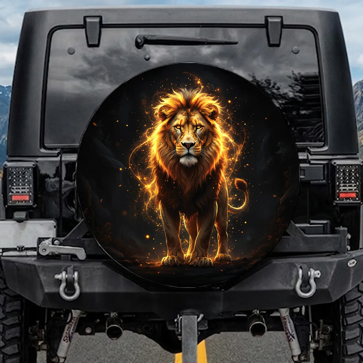 Fierce Golden Outline Lion with Radiant Mane Travel Essentials Wildlife Lover Gift Spare Tire Cover - 1