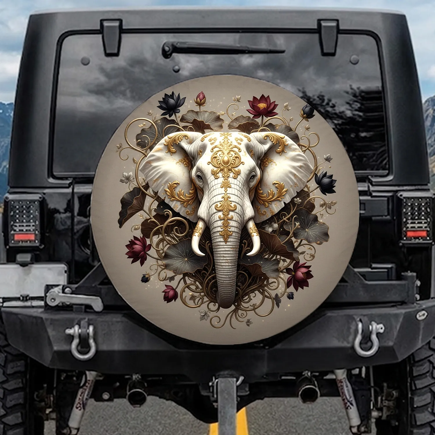 Elephant Head Gold Filigree Lotus Vines - Wildlife Lover Home Decor Gift Spare Tire Cover - 1