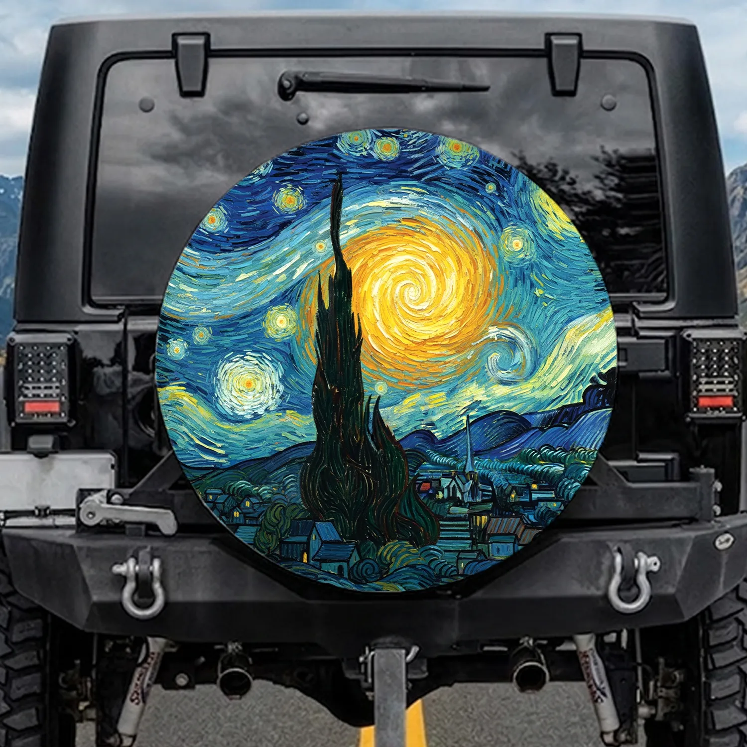 Cypress Tree Celestial Swirling Night Village Art Lover Gift Spare Tire Cover - 1