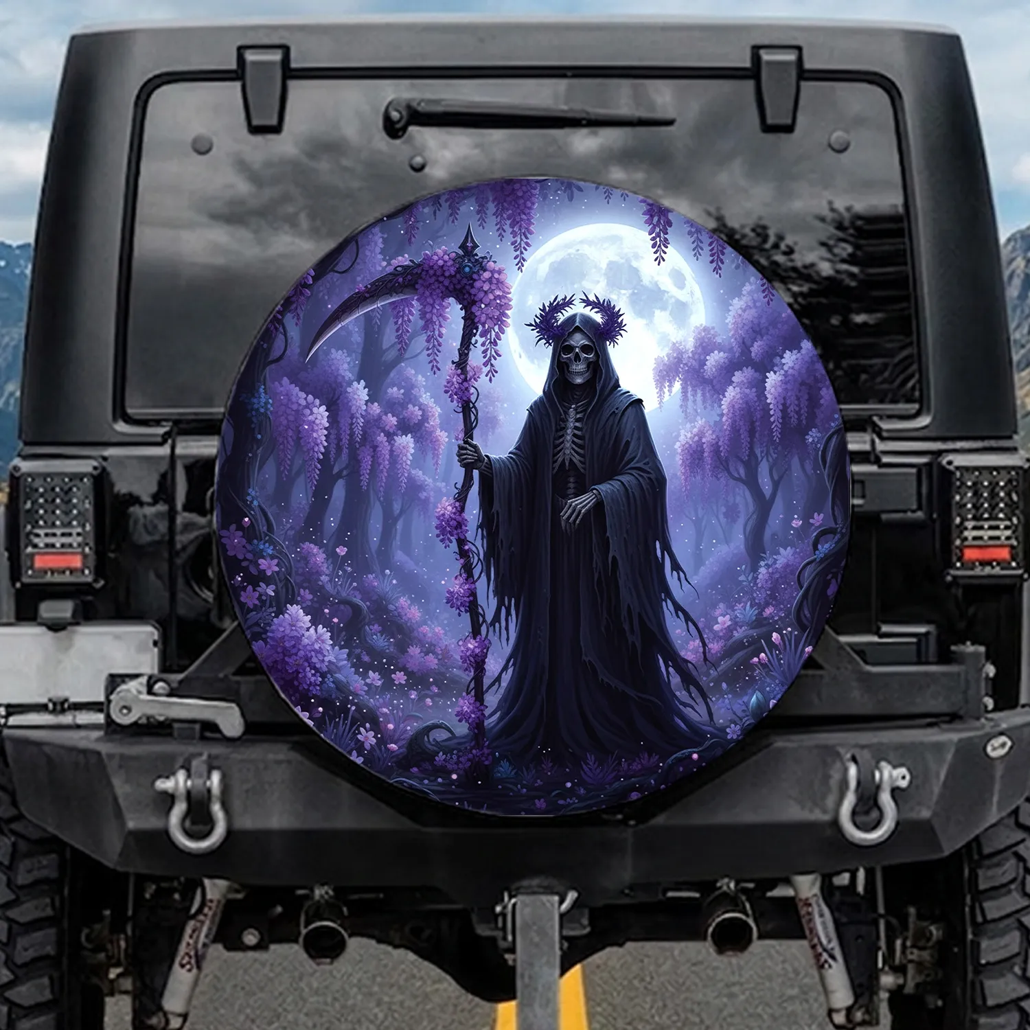 Grim Reaper Luminous Wisteria Full Moon Forest - Dark Fantasy Lover Gift Spare Tire Cover - 1
