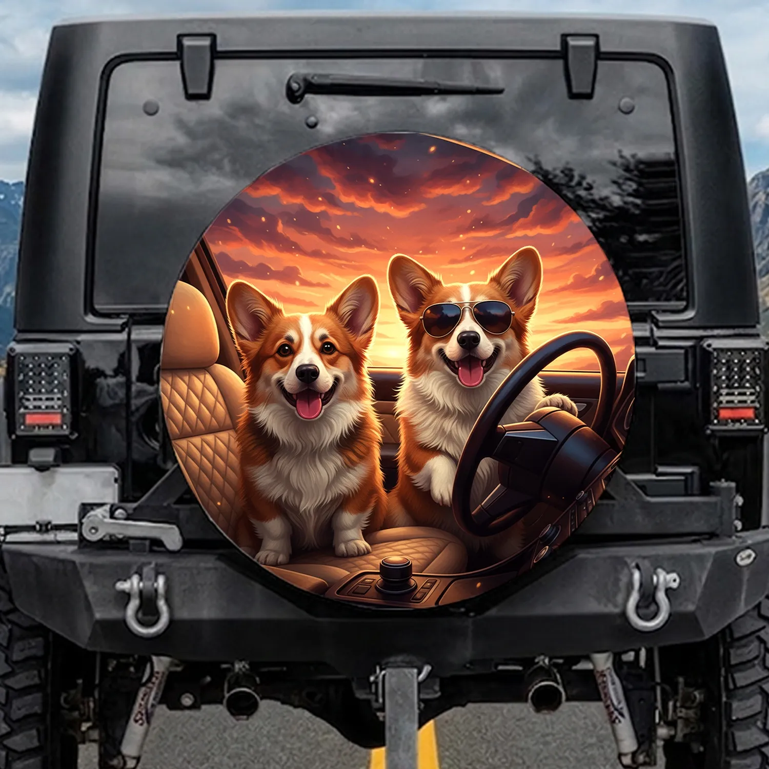 Fluffy Pembroke Welsh Corgis Driving Luxury Car Sunset - Corgi Lover Gift Spare Tire Cover - 1