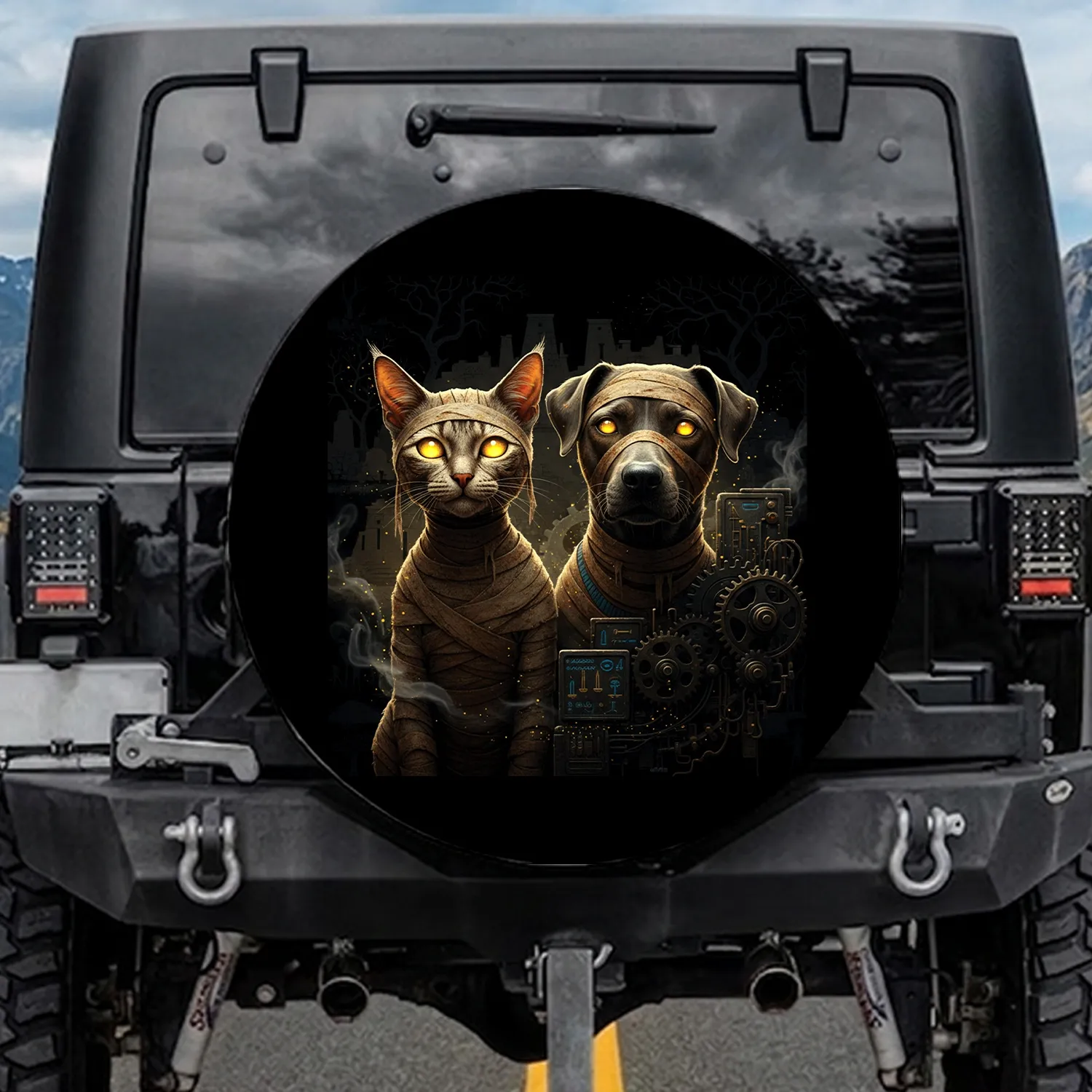 Mummy Cat Dog Glowing Yellow Eyes Ancient Desert - Halloween Pet Lover Gift Spare Tire Cover - 1