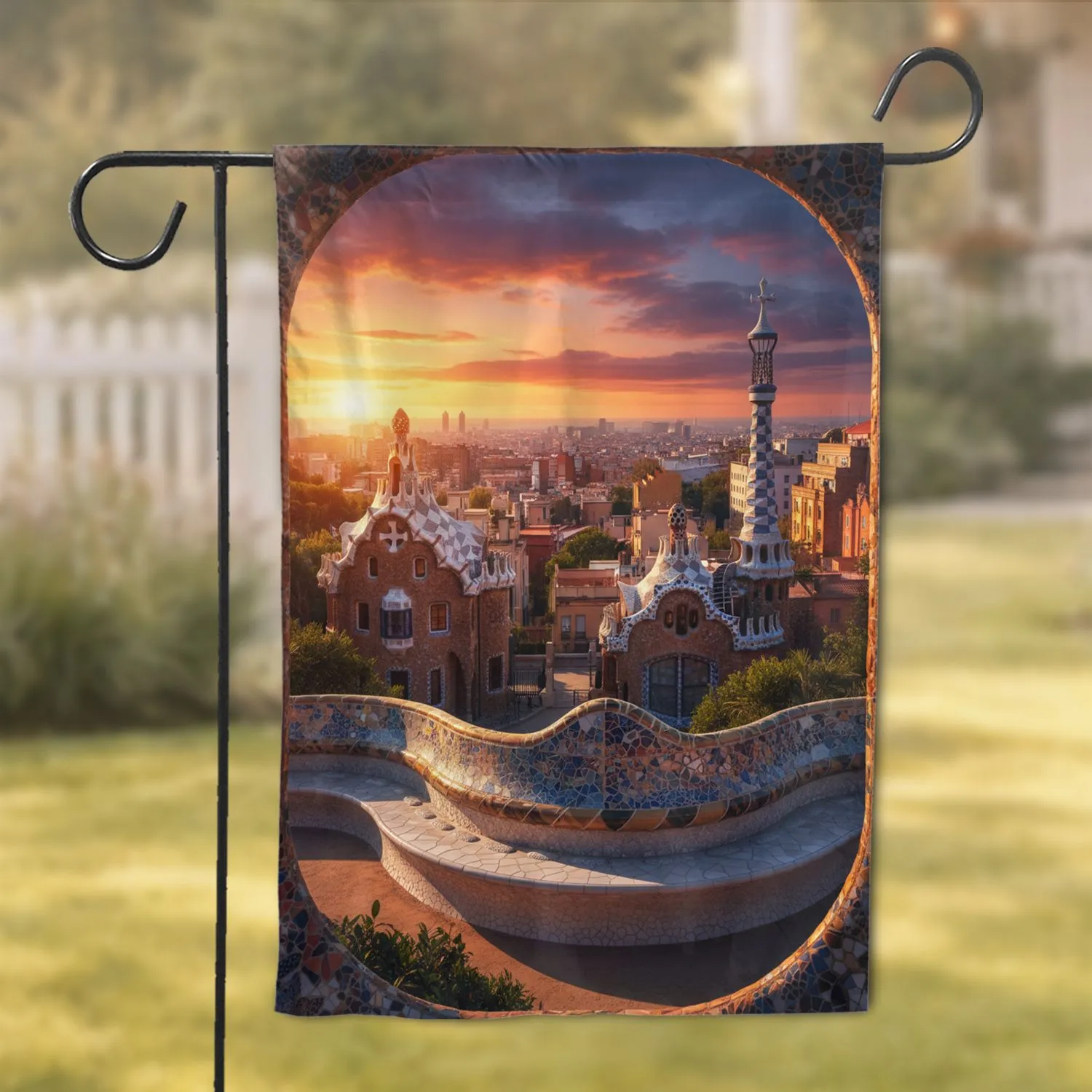 Park Güell Barcelona Mosaic Sunset Cityscape - Home Decor Gift for Travel Lover Garden Flag - 1