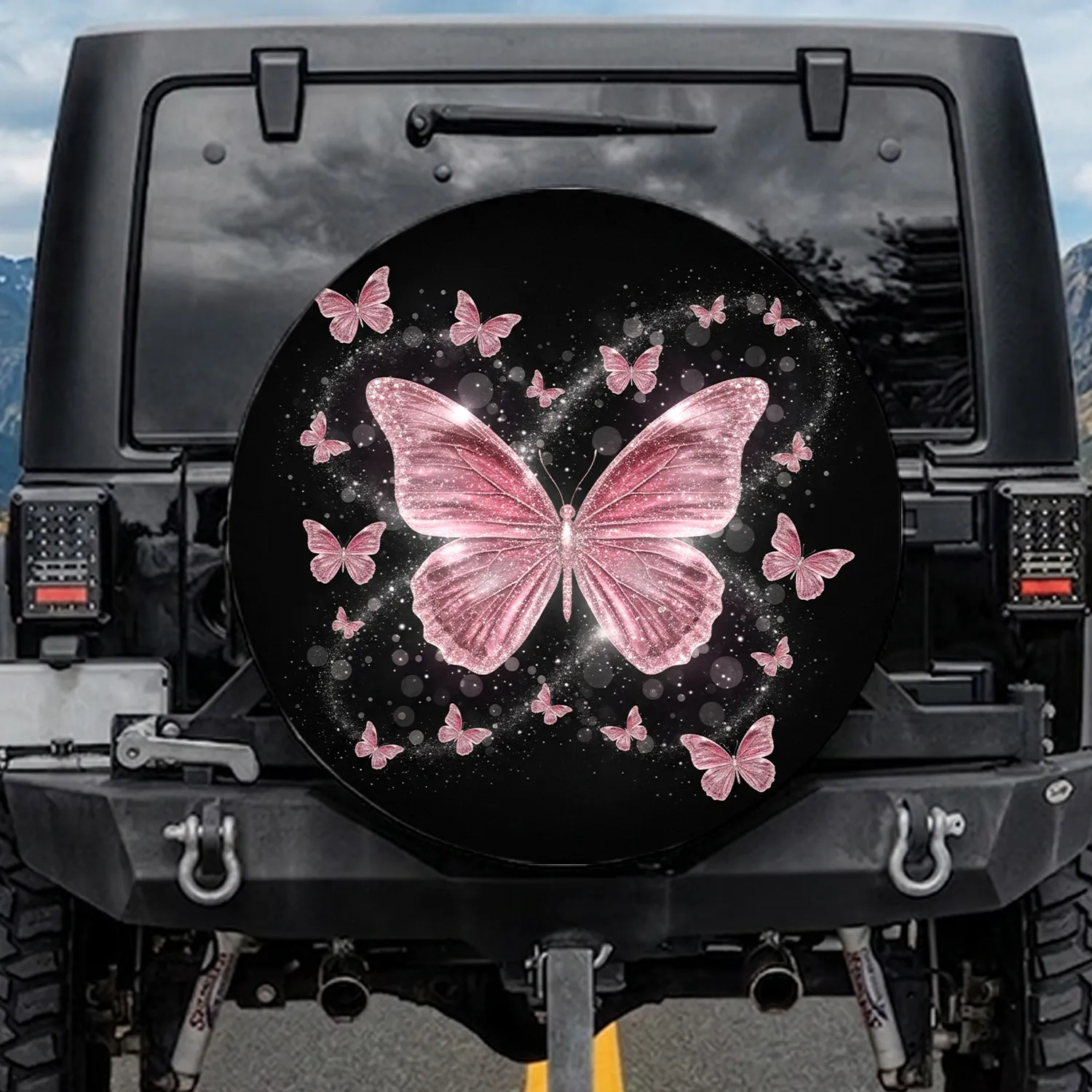 Glittering Rose Pink Butterfly Cosmic Dust - Glamorous Vehicle Decor Gift Spare Tire Cover - 1