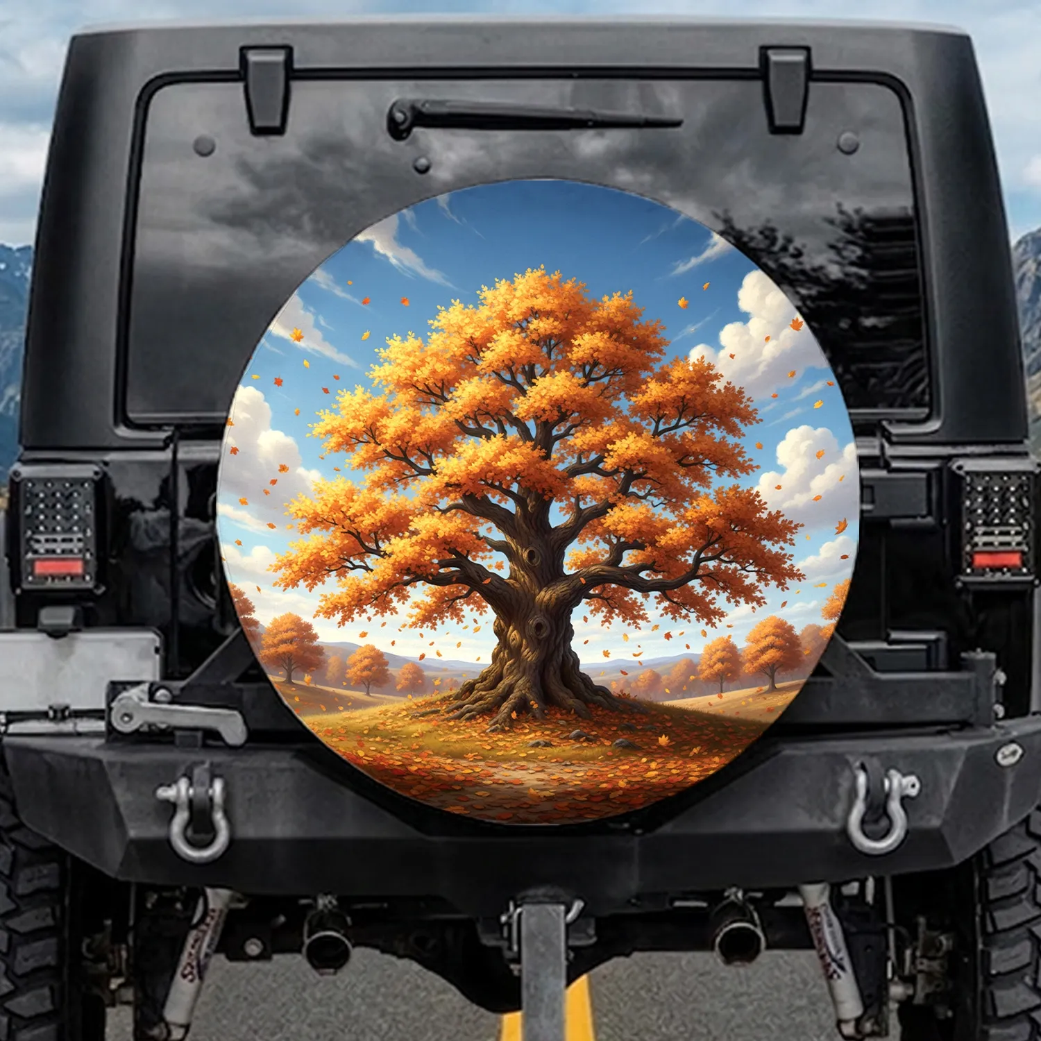 Ancient Oak Tree Golden Autumn Leaves Blue Sky Hill - Autumn Landscape Home Decor Gift Spare Tire Cover - 1