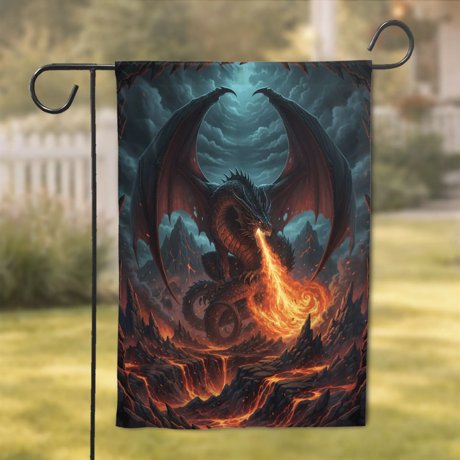 Black Dragon Fiery Breath Volcanic Landscape - Fantasy Lover Home Decor Gift Garden Flag - 1