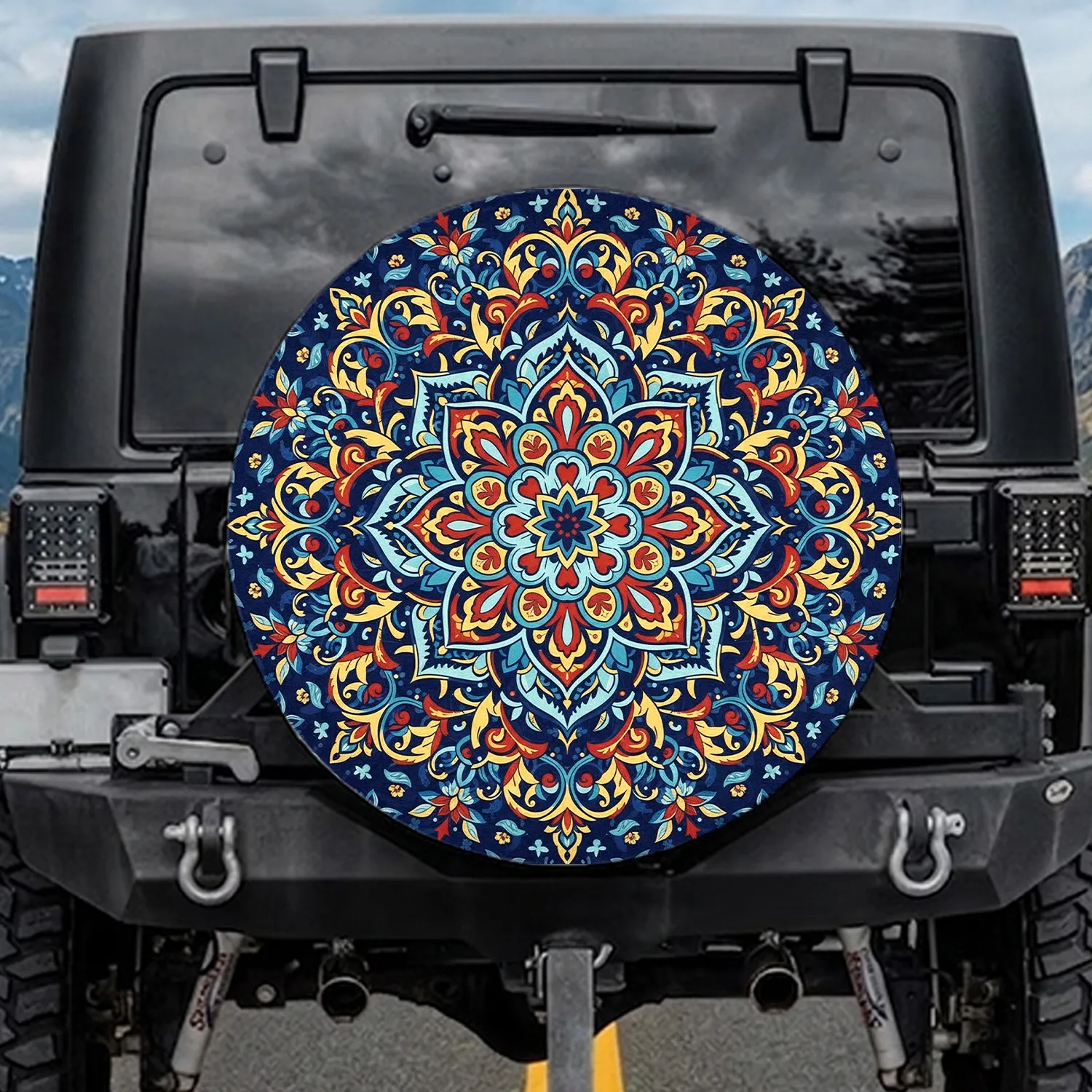 Mediterranean Azulejo Mandala Floral Tapestry Scrollwork Geometric Forms - Home Decor Gift Spare Tire Cover - 1