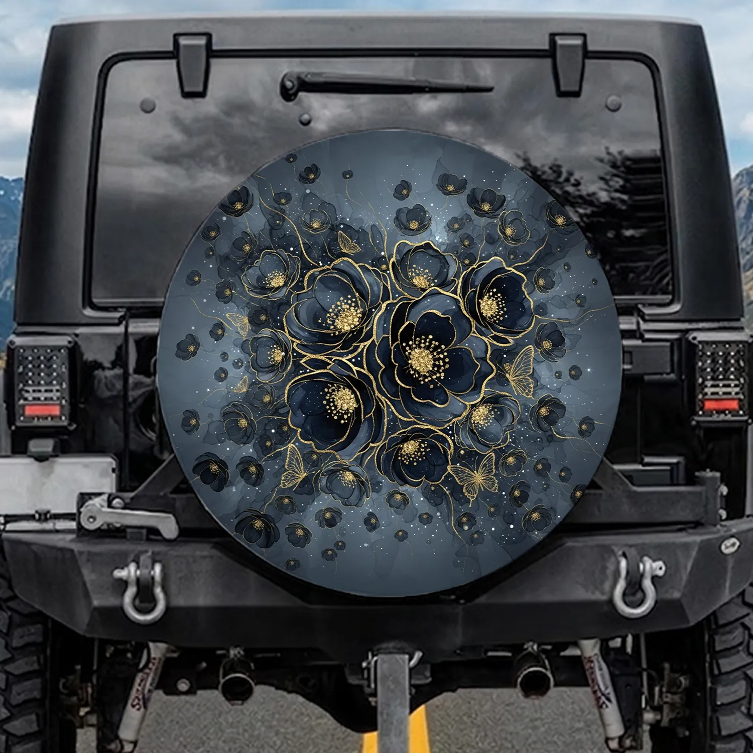 Golden Glitter Flowers Butterfly Floral Galaxy - Glamorous Vehicle Accent Spare Tire Cover - 1