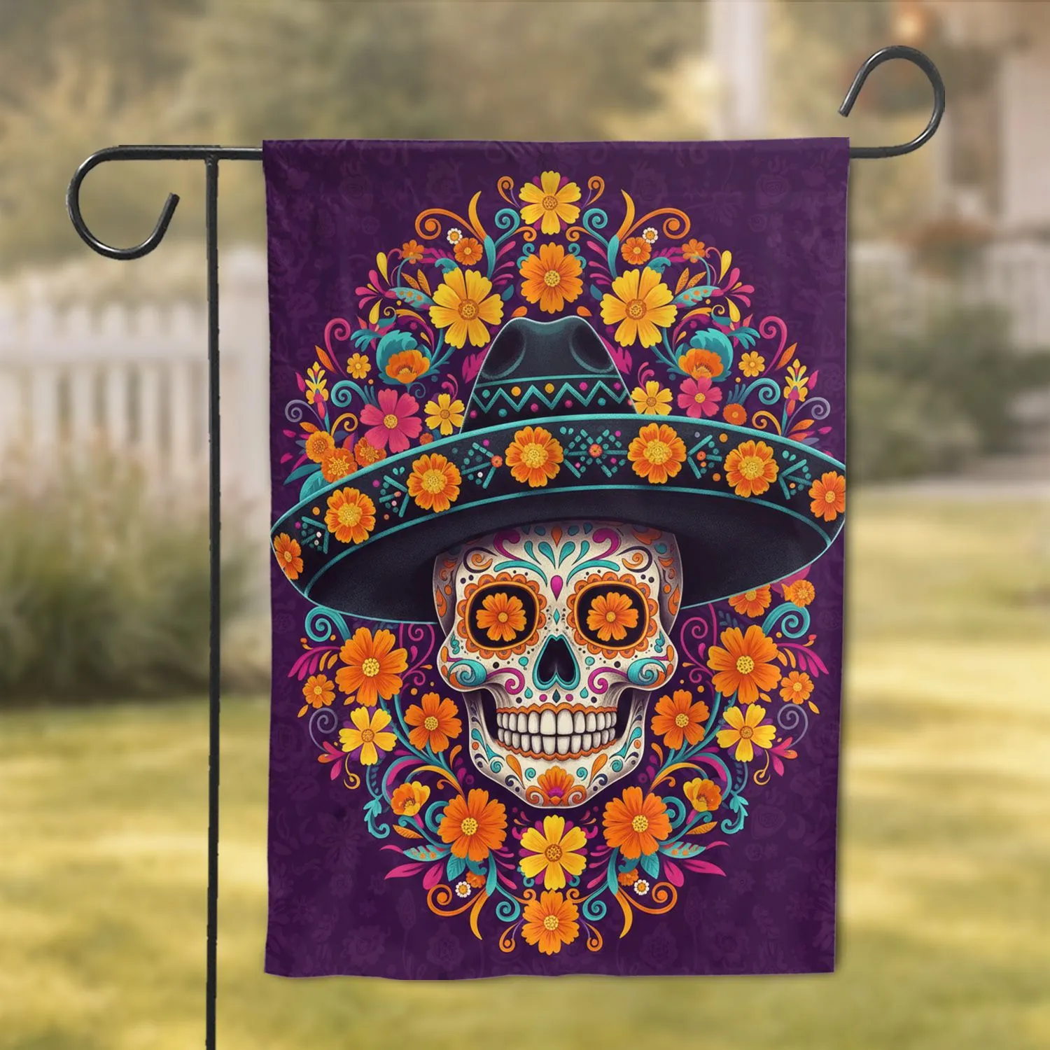 Dia de los Muertos Sugar Skull Sombrero Marigold Cosmos Floral - Home Decor Gift Garden Flag - 1