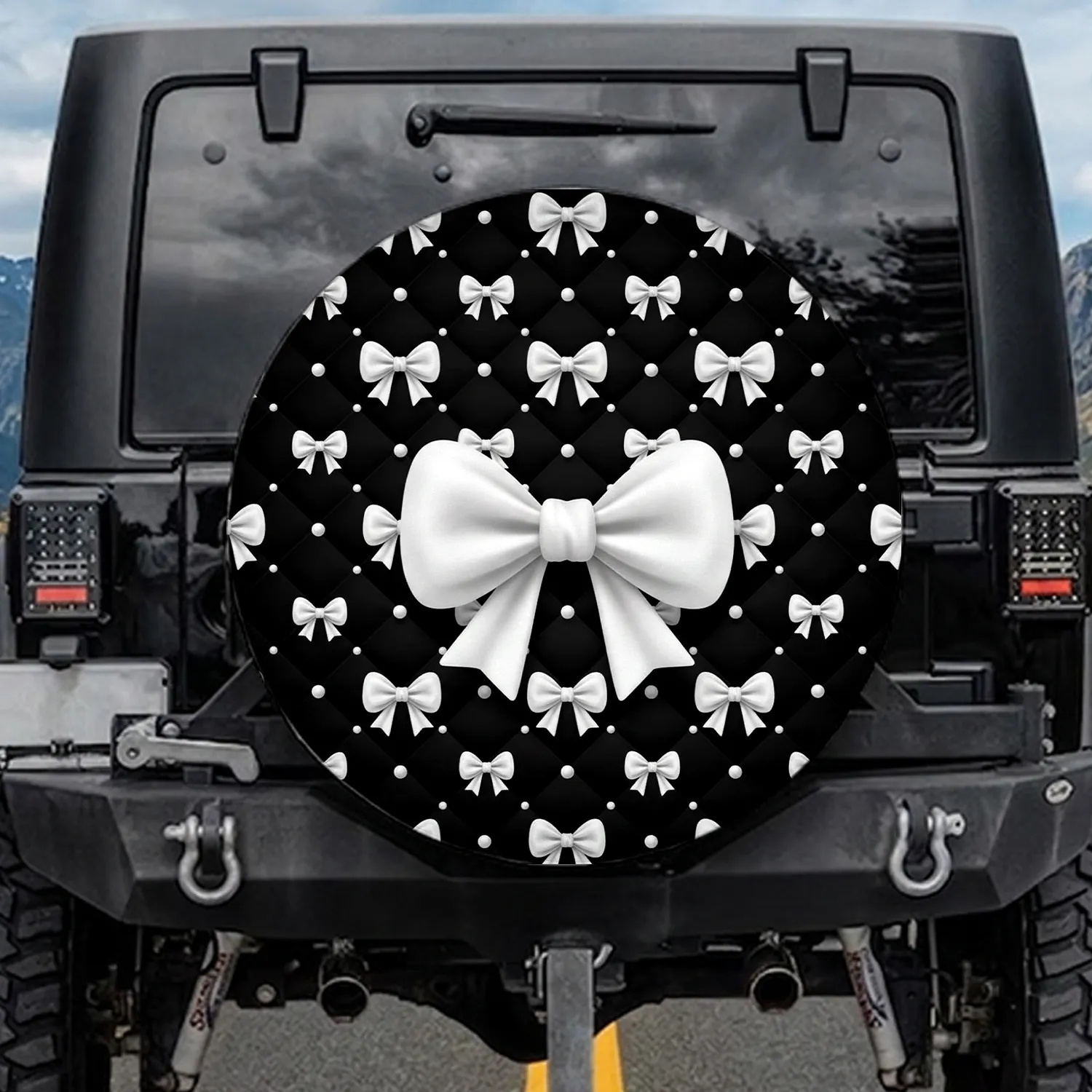 White Satin Bow Black Diamond Quilted Pearl Dots - Everyday Home Decor Gift Spare Tire Cover - 1