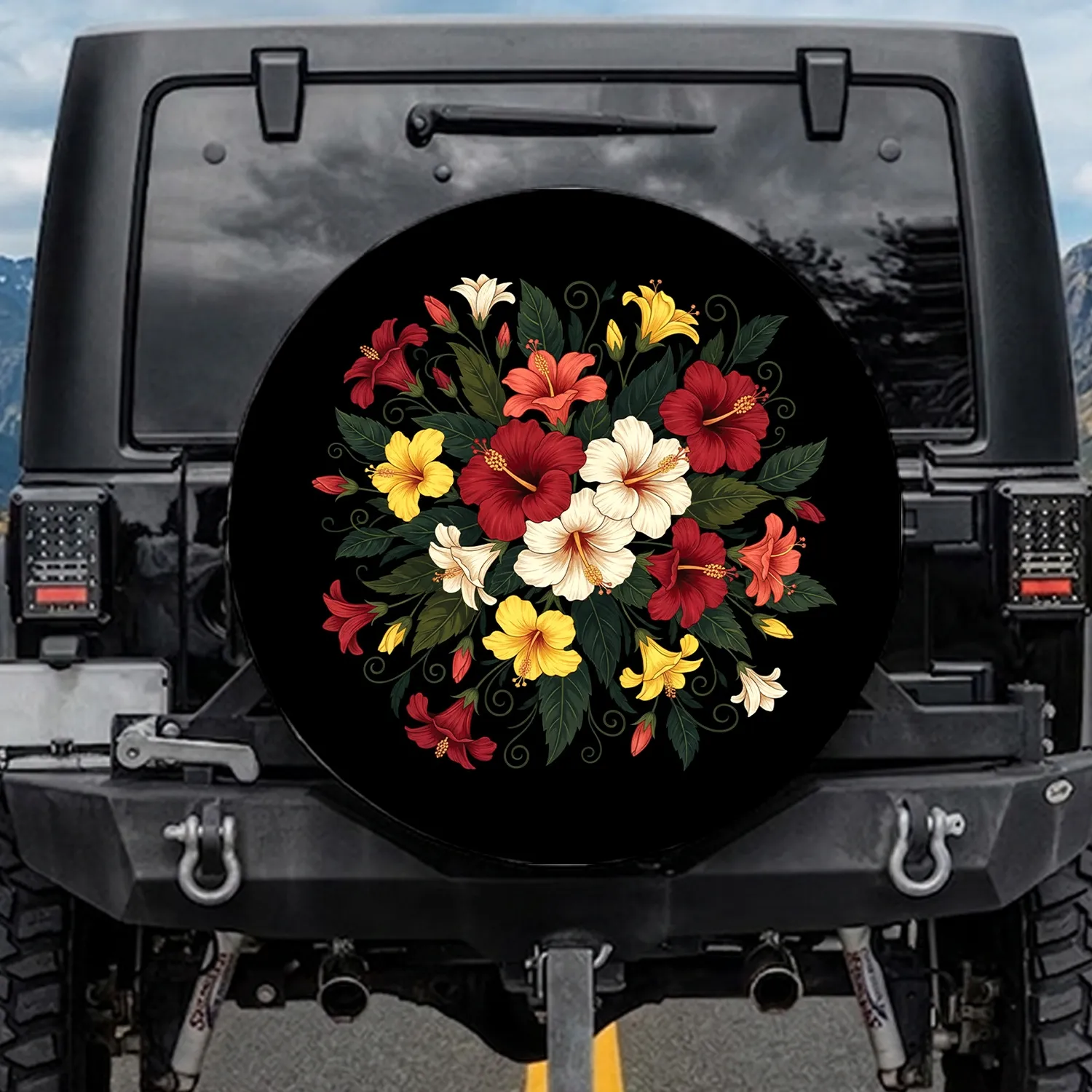 Exotic Hibiscus Floral Botanical Leaves Black Background Home Decor Gift Spare Tire Cover - 1