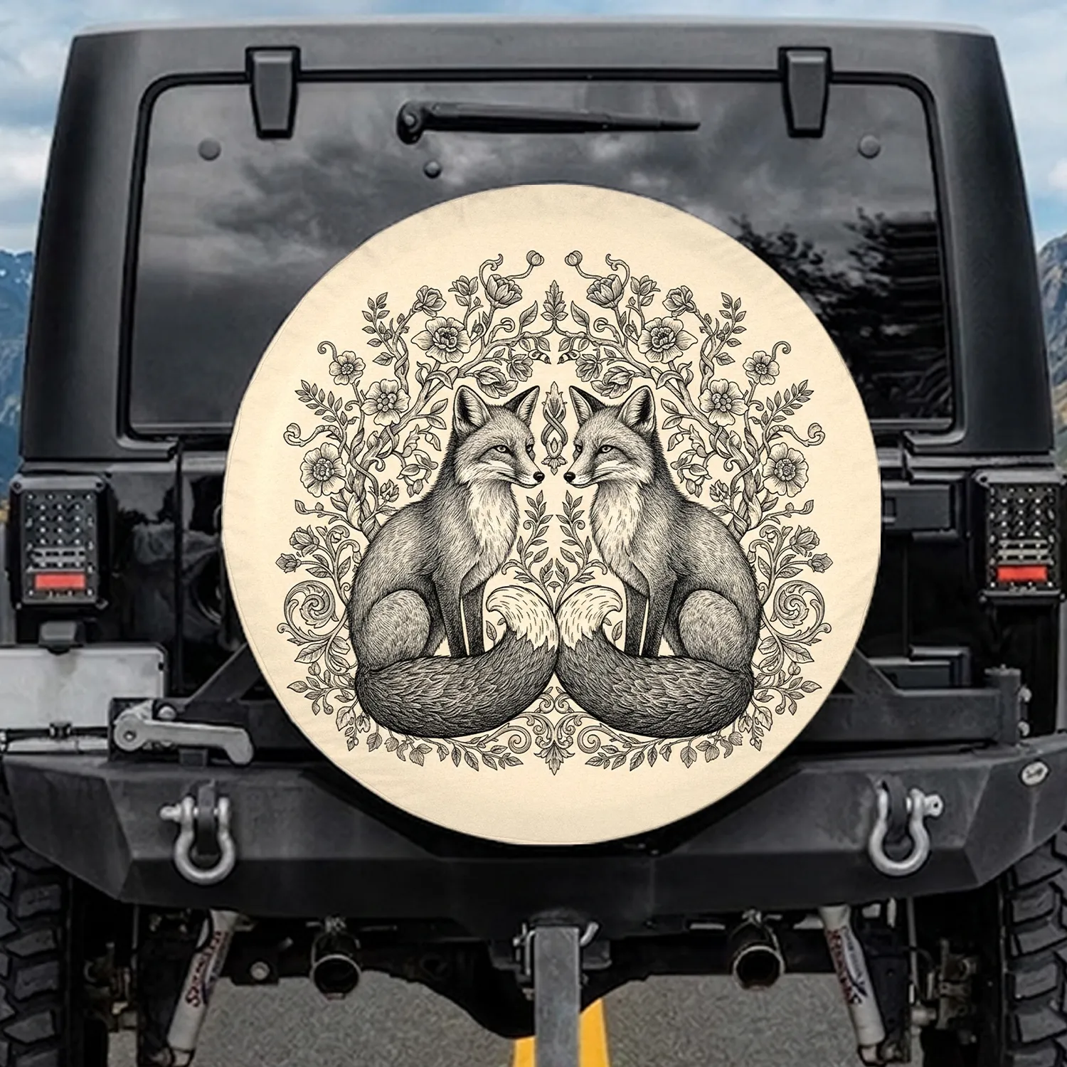 Natural History Engraved Mirrored Foxes Intertwined Flora - Wildlife Lover Gift Spare Tire Cover - 1