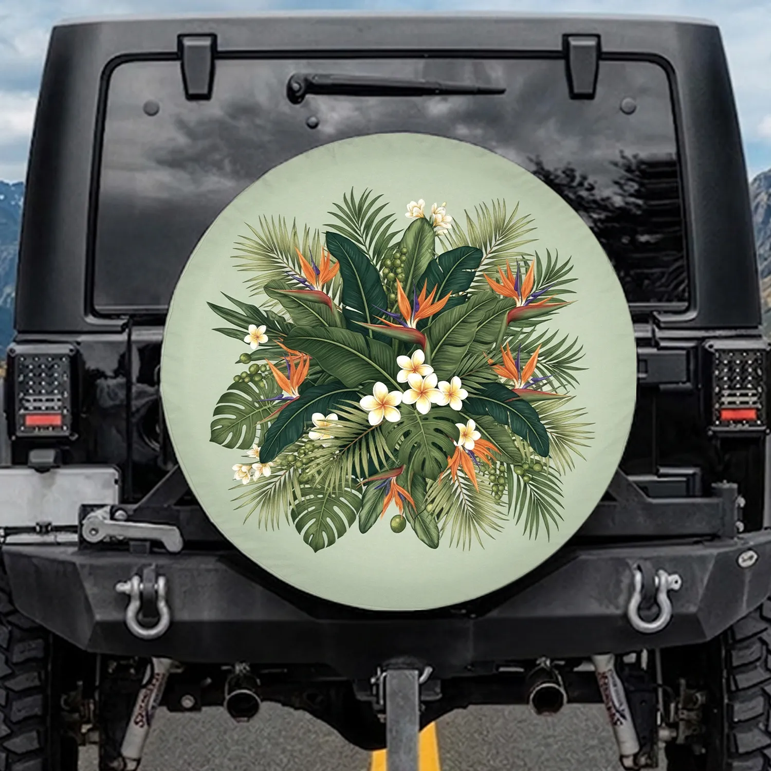 Jungle Foliage Plumeria Bird of Paradise Flowers - Everyday Decor Gift Spare Tire Cover - 1