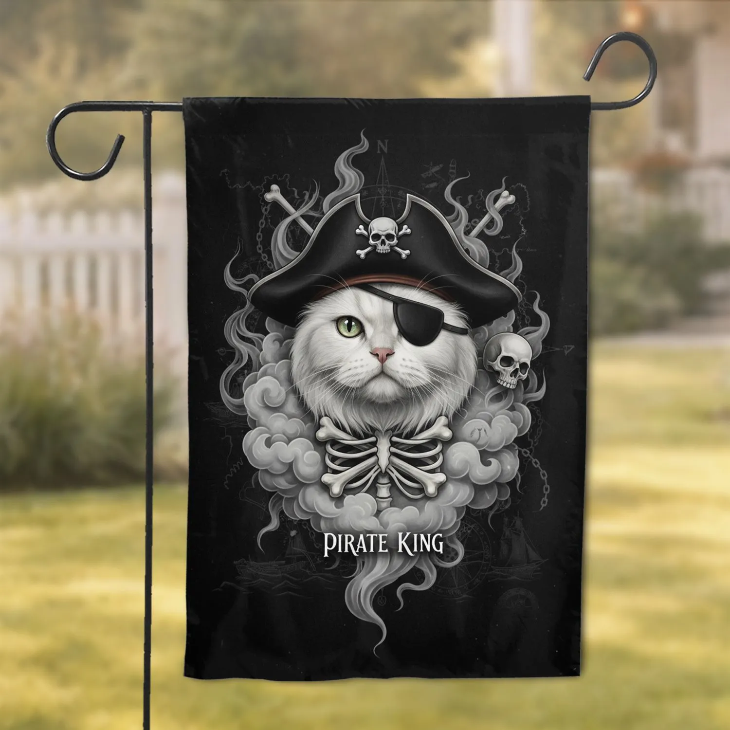 White Pirate Cat Skull Crossbones Eye Patch Hat - Nautical Home Decor Gift for Cat Lovers Garden Flag - 1