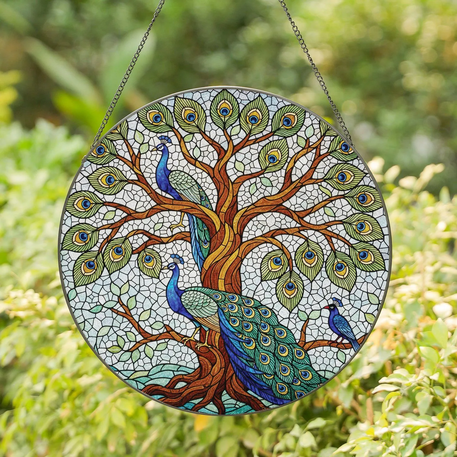 Gnarled Tree of Life Peacocks Feather Mosaic - Home Decor Gift Wildlife Lover Stained Glass Suncatcher - 1