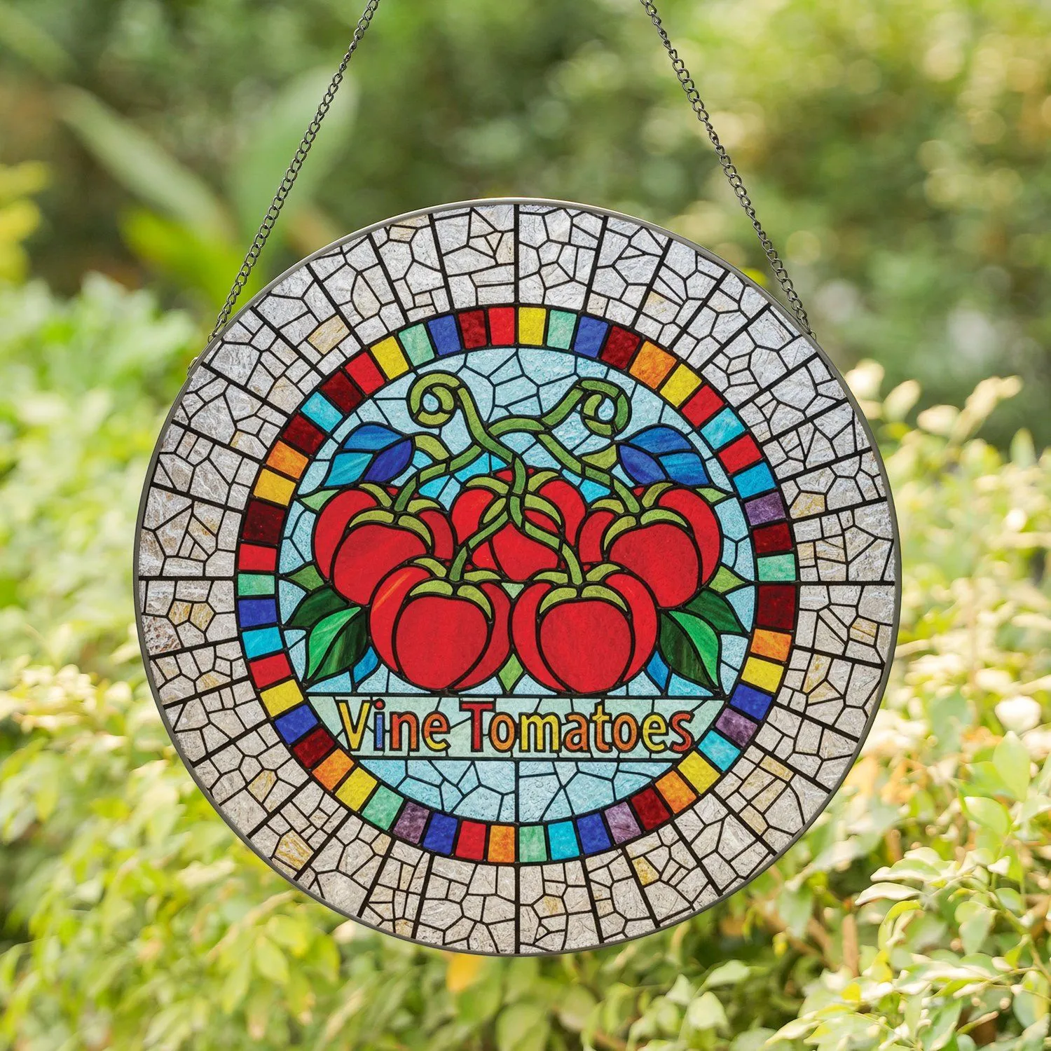 Vine Tomatoes Red Tomato Cluster Green Leaves Rainbow Stained Glass Home Decor Gift Stained Glass Suncatcher - 1