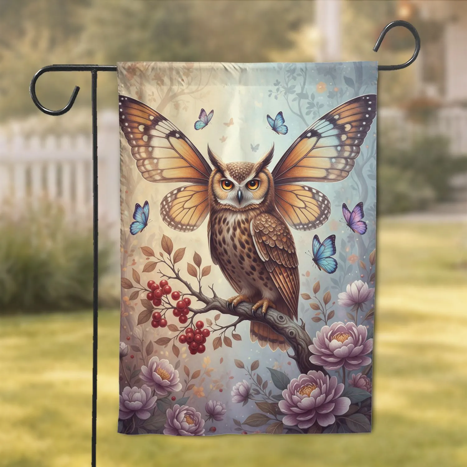 Owl Monarch Butterfly Wings Enchanted Forest - Wildlife Lover Home Decor Gift Garden Flag - 1