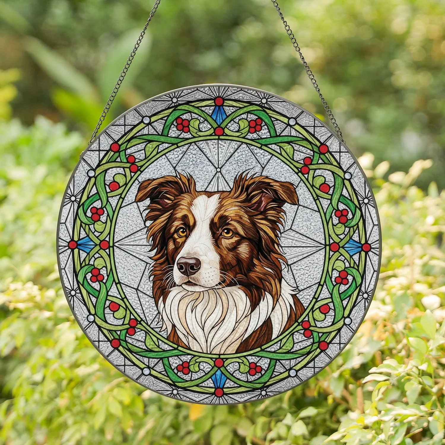 Border Collie Dog Head-and-Shoulders Portrait Leafy Vines Berries - Home Decor Gift for Dog Lover Stained Glass Suncatcher - 1