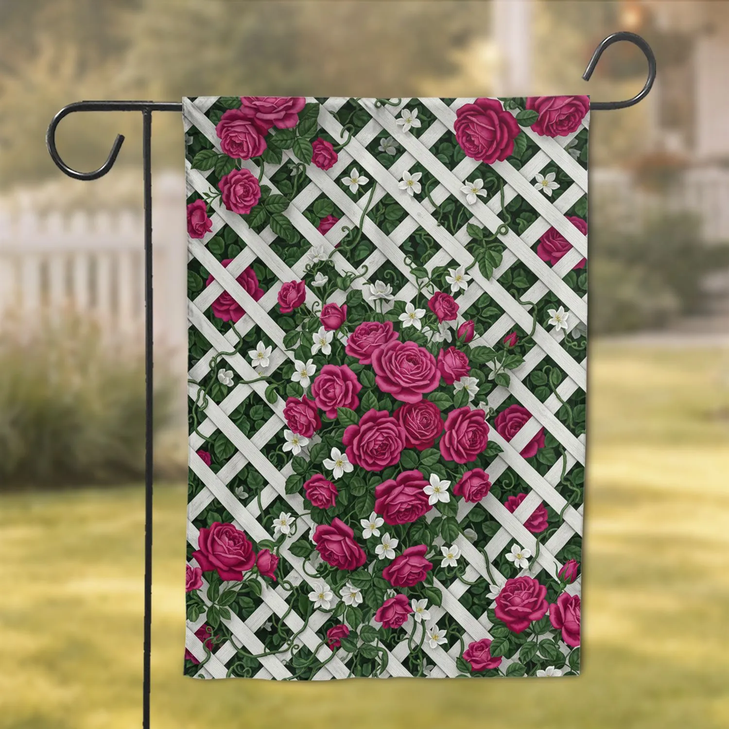 Vibrant Pink Roses White Lattice Trellis - Lush Green Foliage Home Decor Gift Garden Flag - 1