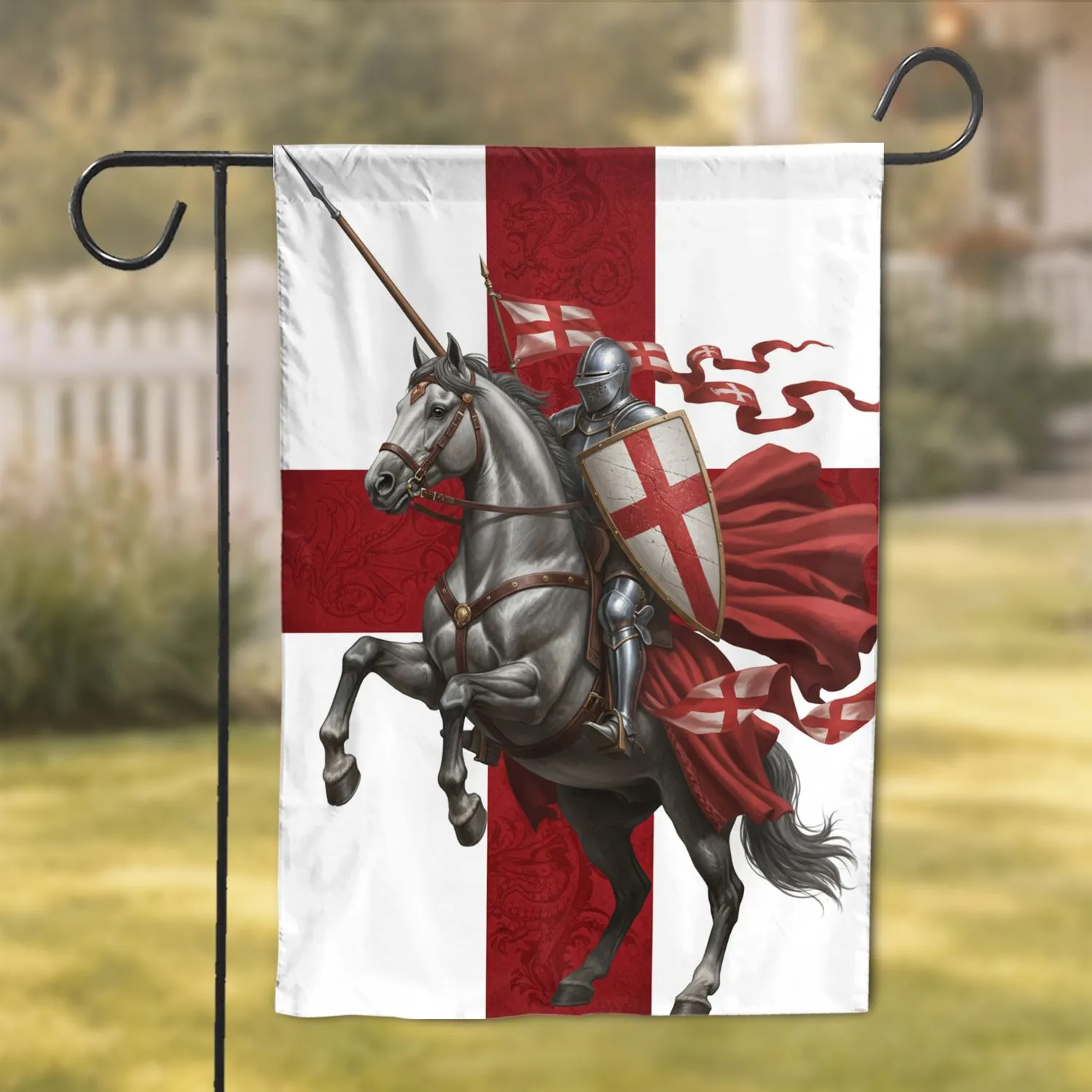 Medieval Knight St. George Cross Shield Rearing Horse - Historical Decor Gift Garden Flag - 1