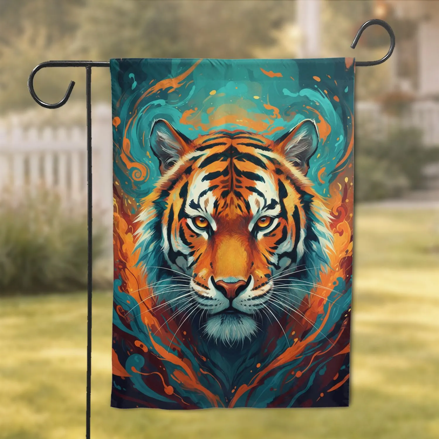 Piercing Orange Eyes Tiger Face Sharp Whiskers Teal Orange Gold - Wildlife Lover Home Decor Gift Garden Flag - 1