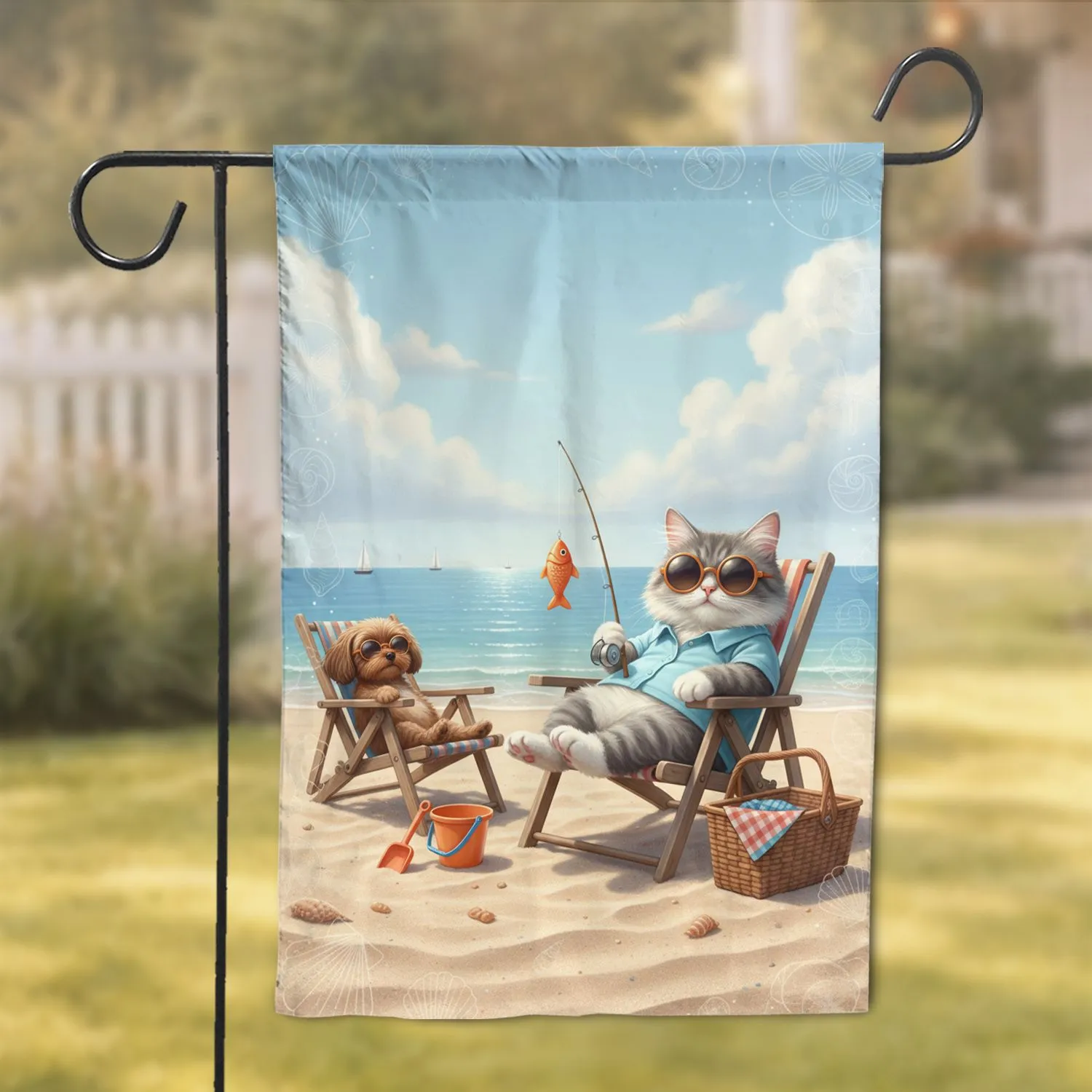 Fluffy Cat Orange Sunglasses Fishing Beach Ocean Scene - Animal Lover Gift Garden Flag - 1