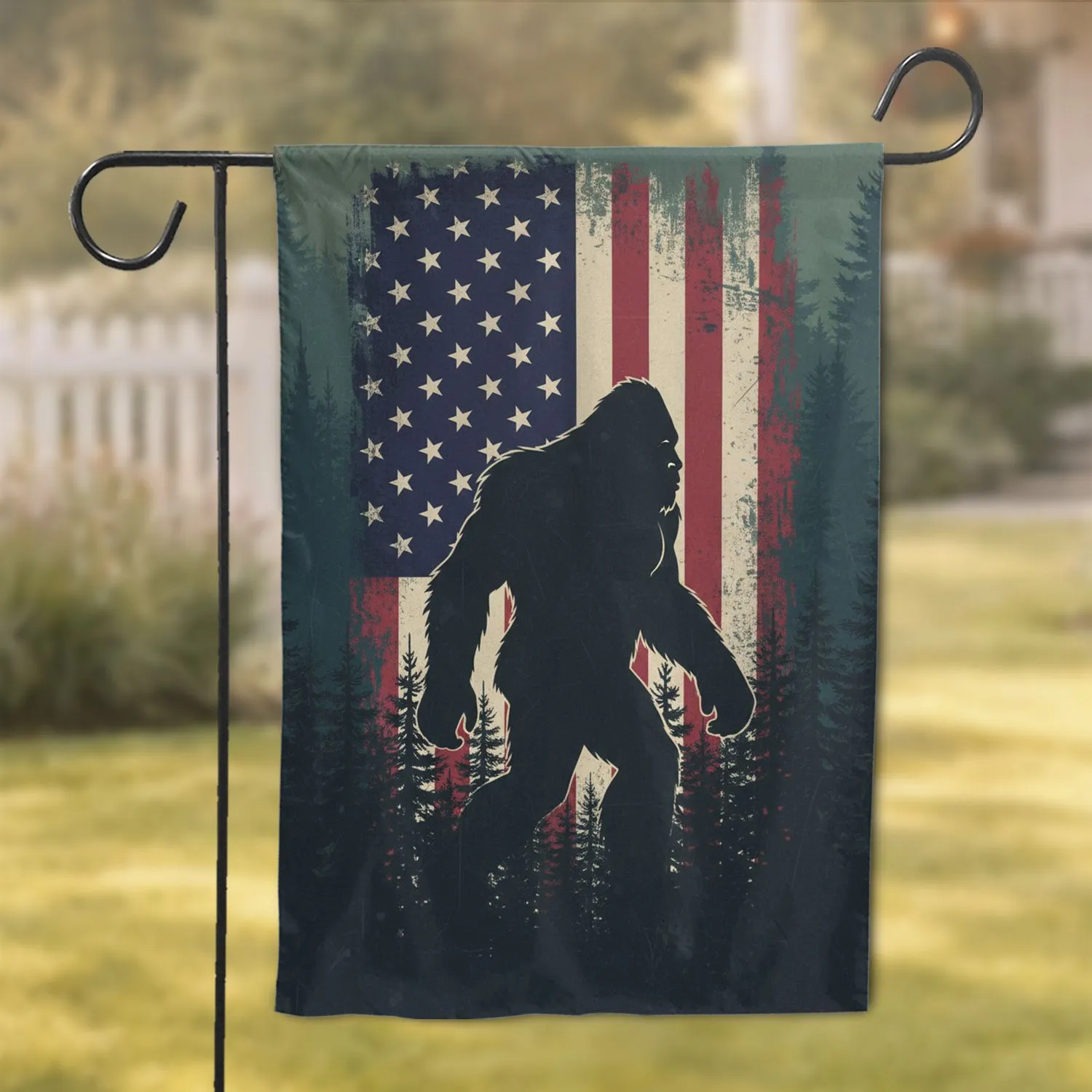 Bigfoot Distressed American Flag Forest - Home Decor Wildlife Lover Gift Garden Flag - 1