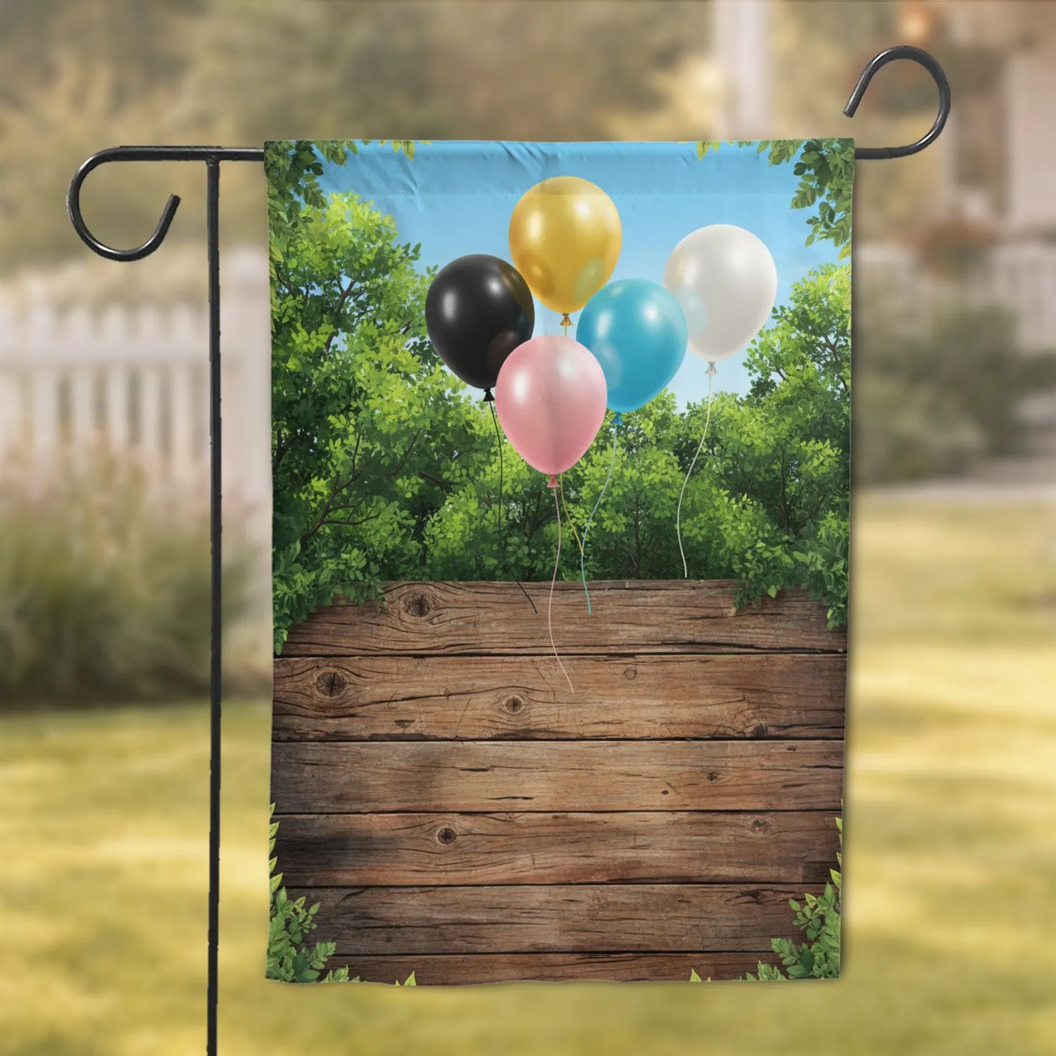 Weathered Rustic Wood Panel Vibrant Helium Balloons - Sky & Tree Home Decor Gift Garden Flag - 1