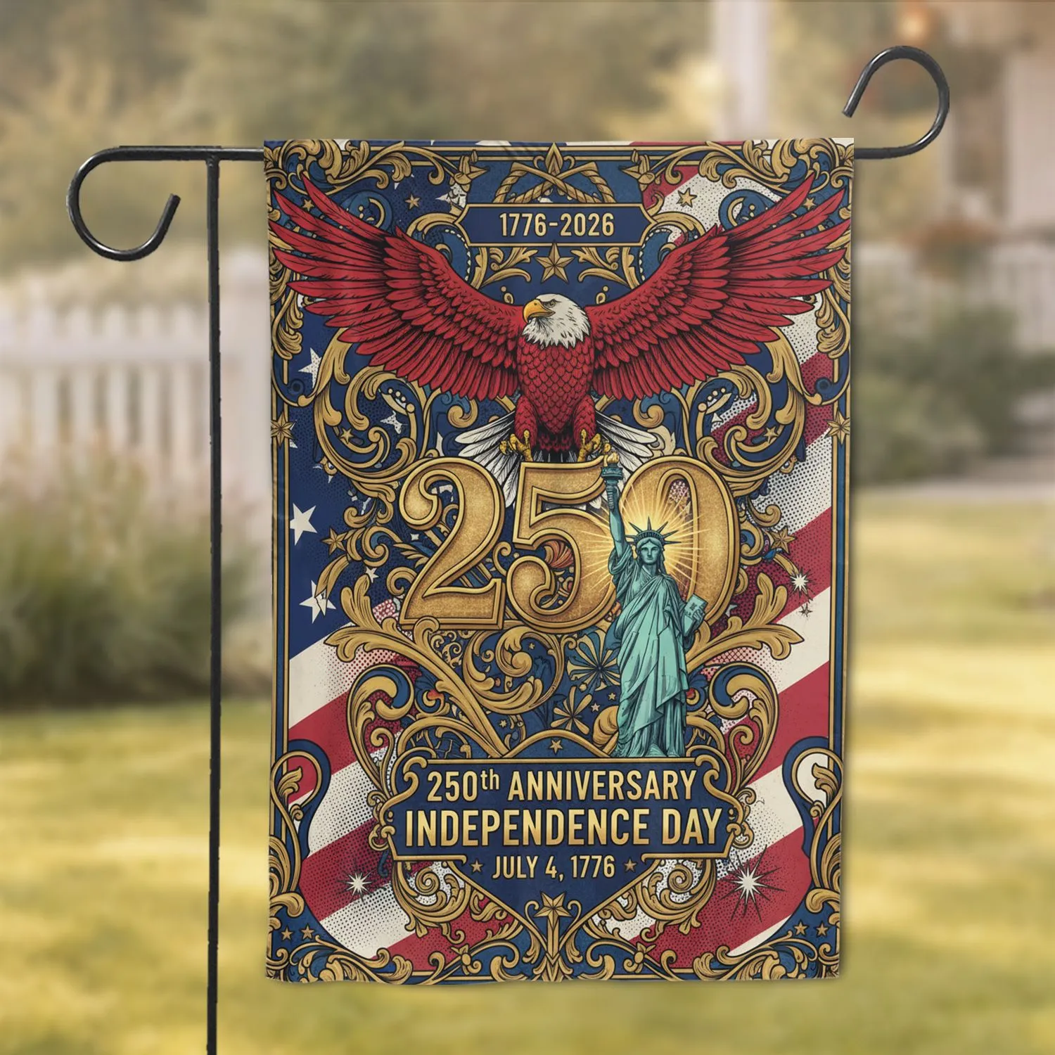 Bald Eagle Statue of Liberty American Flag 250th Anniversary Independence Day 1776-2026 Garden Flag - 1