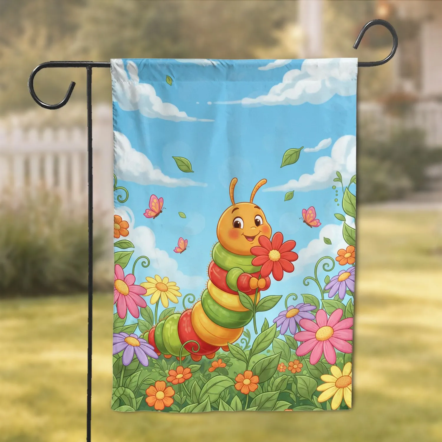 Green Yellow Red Caterpillar Daisies Butterflies Sky - Garden Home Decor Gift Garden Flag - 1