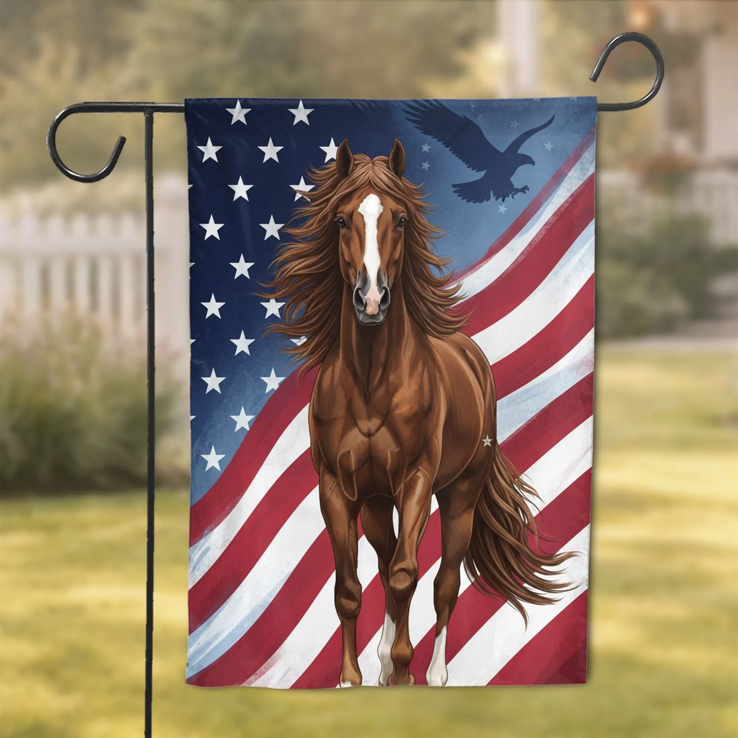 Majestic Brown Horse White Blaze American Flag Eagle - Home Decor for American Flag Lovers Garden Flag - 1